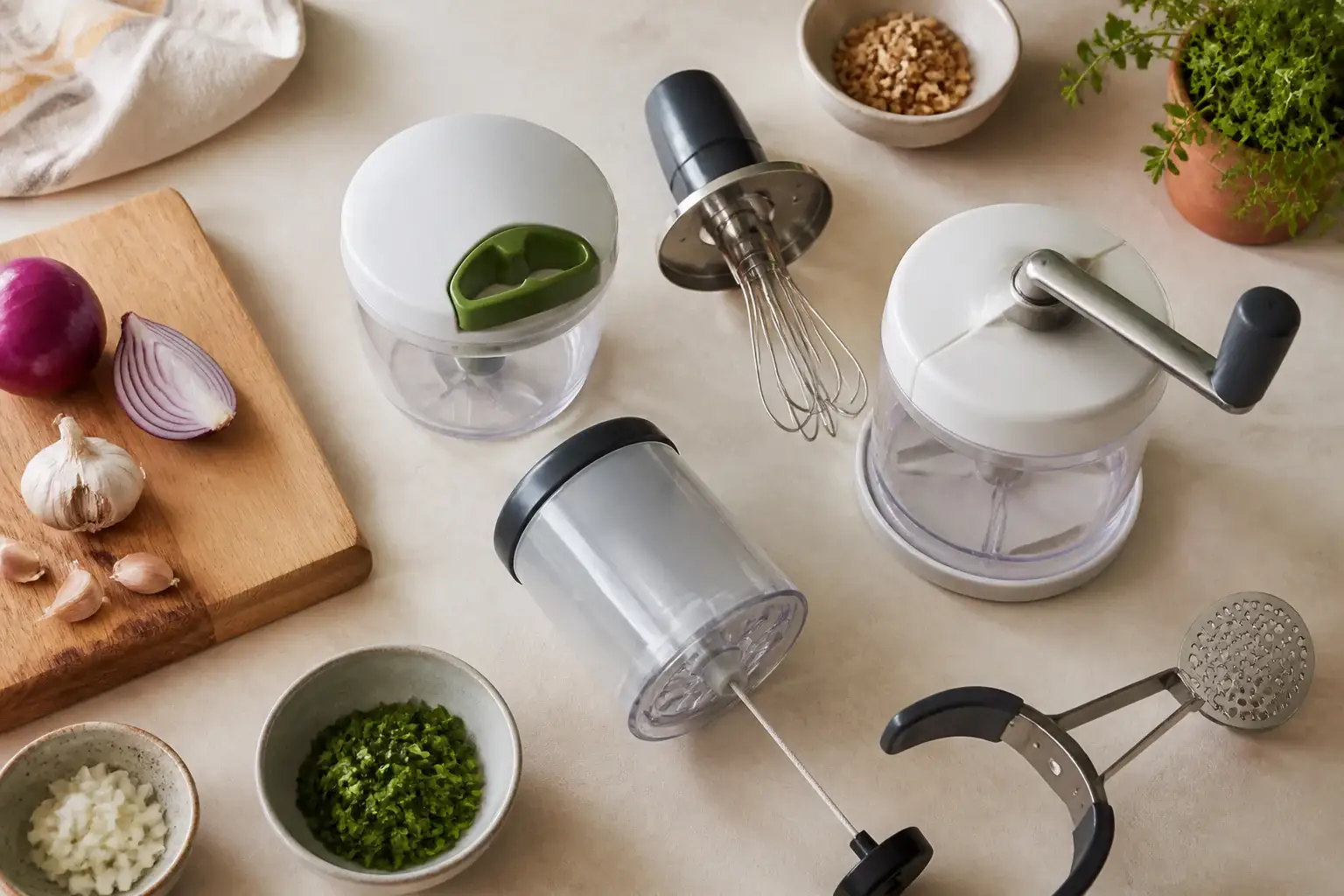 Qué procesador manual de alimentos comprar representada con utensilios genéricos en una cocina doméstica