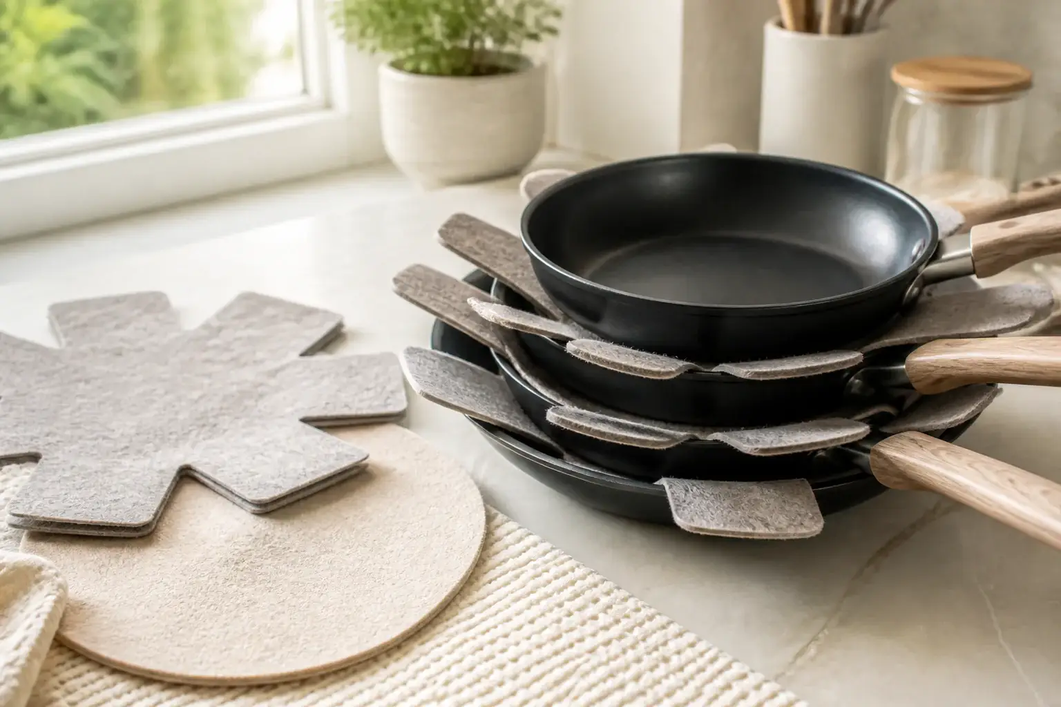 Qué protectores para apilar sartenes comprar representada con utensilios genéricos en una cocina doméstica