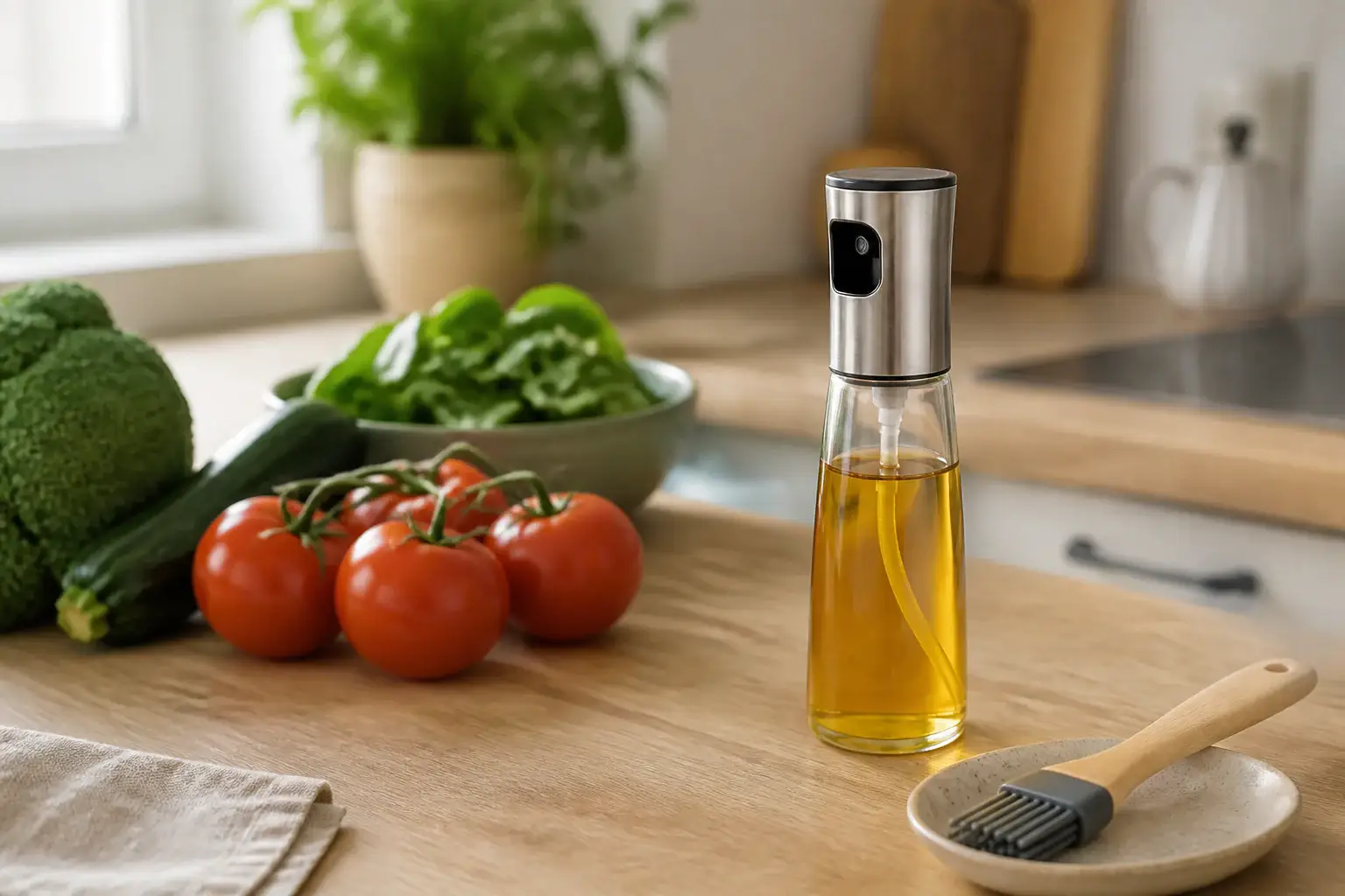 Aceitera y pequeño pincel de cocina genéricos junto a verduras