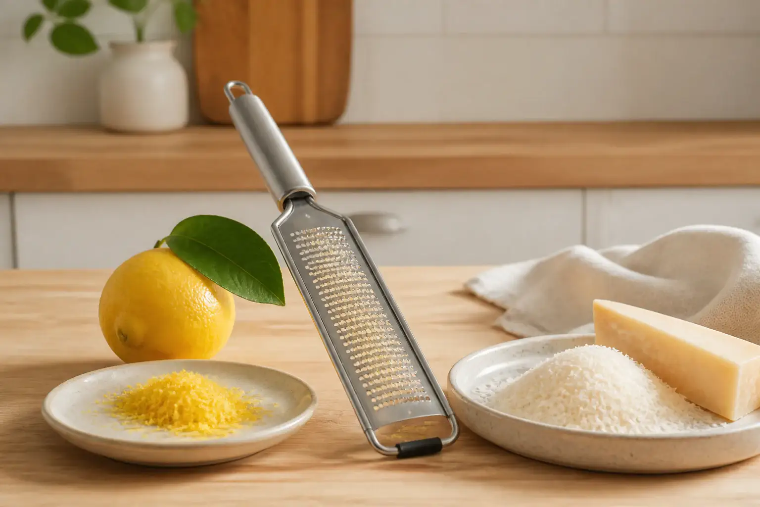 Rallador fino genérico junto a un limón y queso duro recién rallados