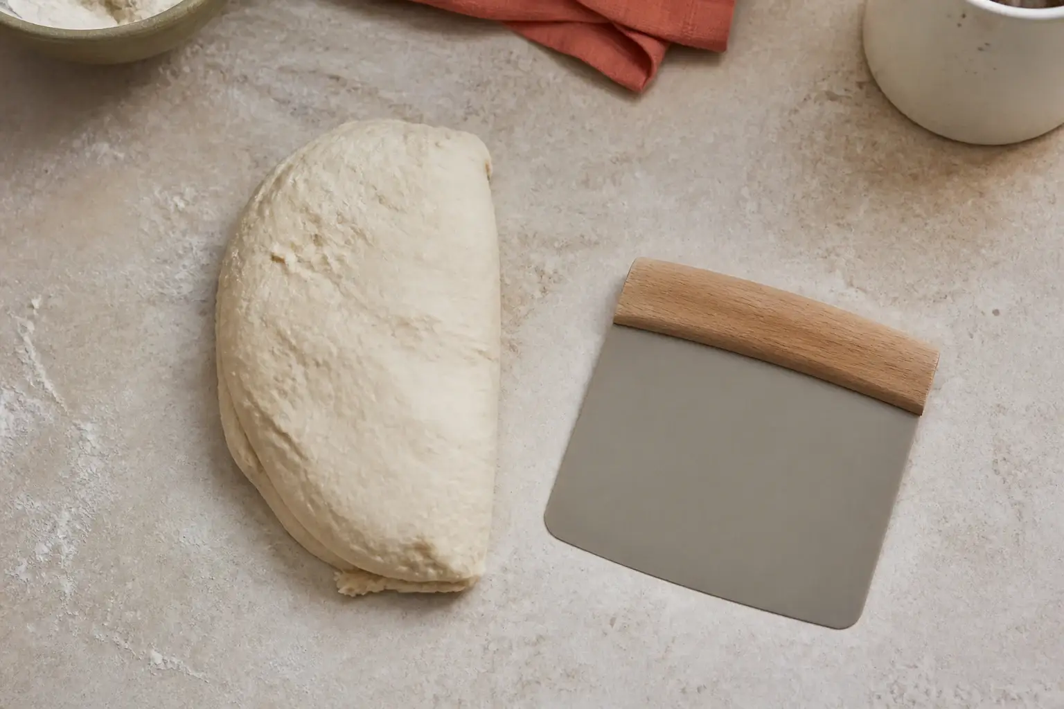 Rasqueta de masa genérica junto a una porción de masa sobre la mesa