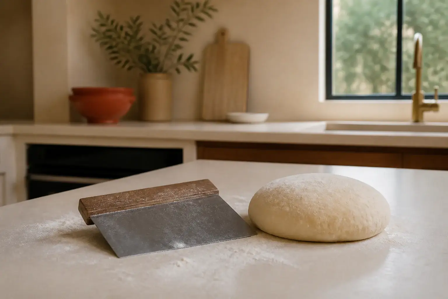 Rasqueta de masa genérica junto a una porción de masa sobre la mesa