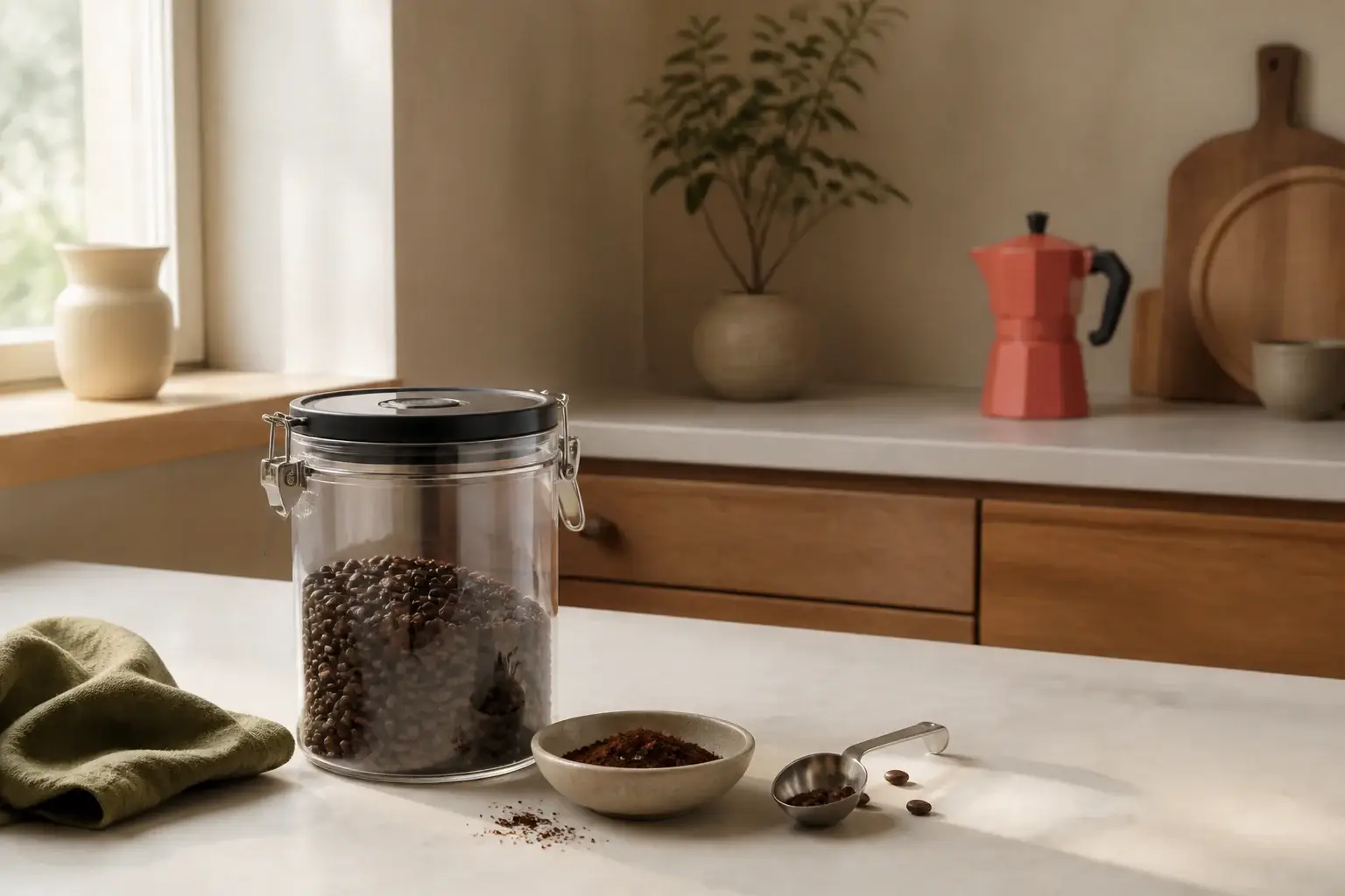Qué recipiente al vacío para café comprar representada con utensilios genéricos en una cocina doméstica