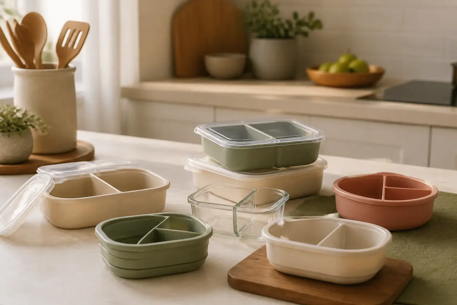 Qué recipiente con compartimentos comprar representada con utensilios genéricos en una cocina doméstica
