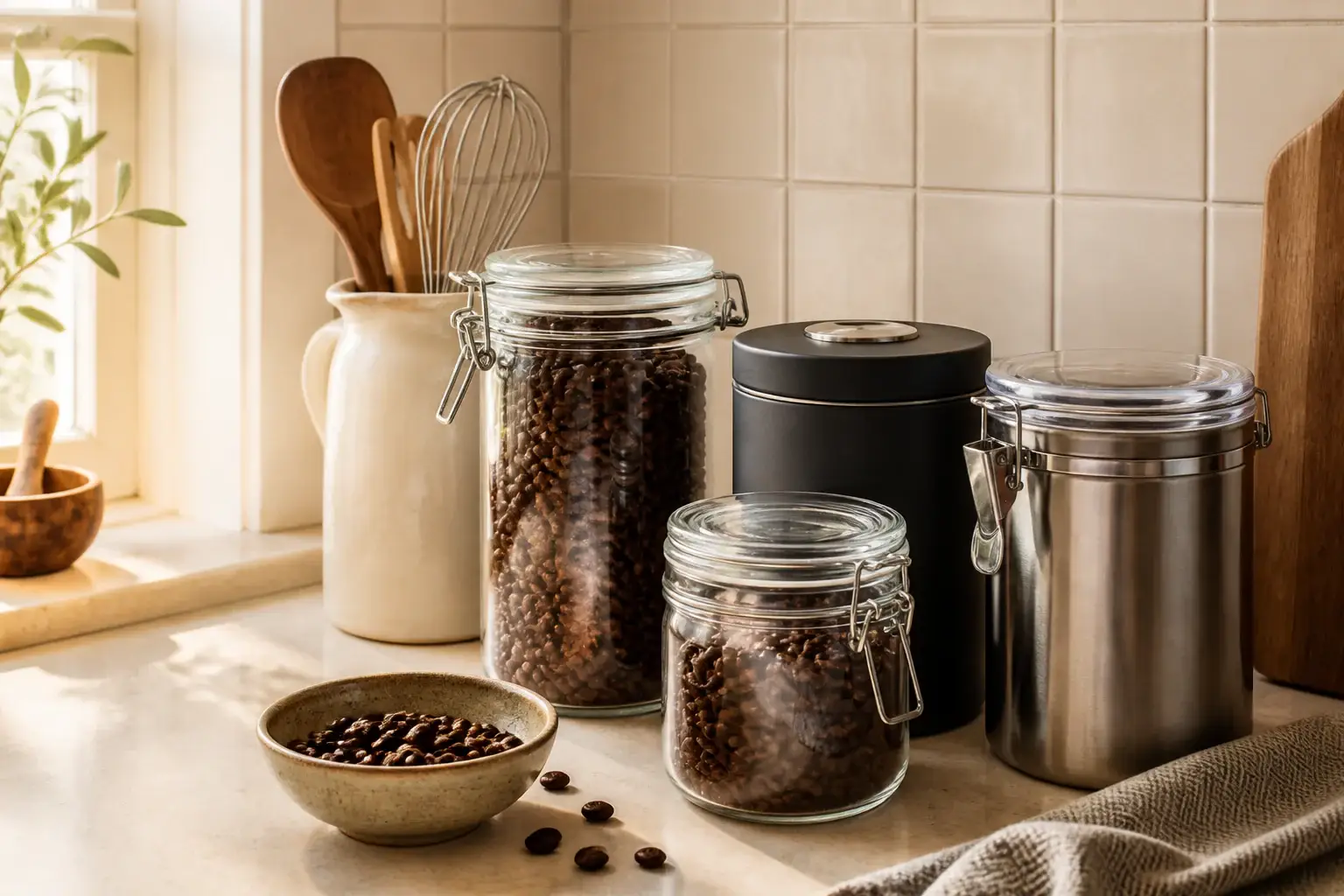 Qué recipiente hermético para café comprar representada con utensilios genéricos en una cocina doméstica