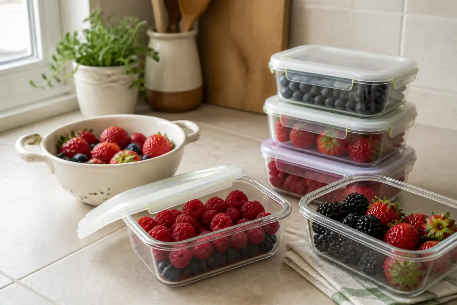 Qué recipiente para conservar frutos rojos comprar representada con utensilios genéricos en una cocina doméstica