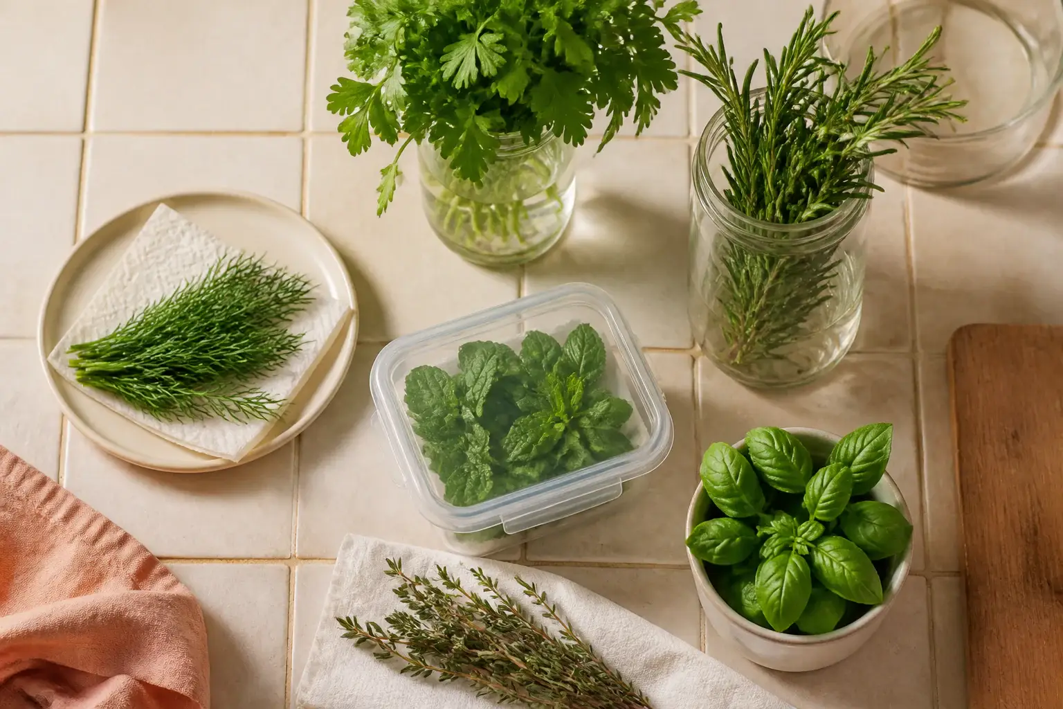 Qué recipiente para conservar hierbas comprar representada con utensilios genéricos en una cocina doméstica