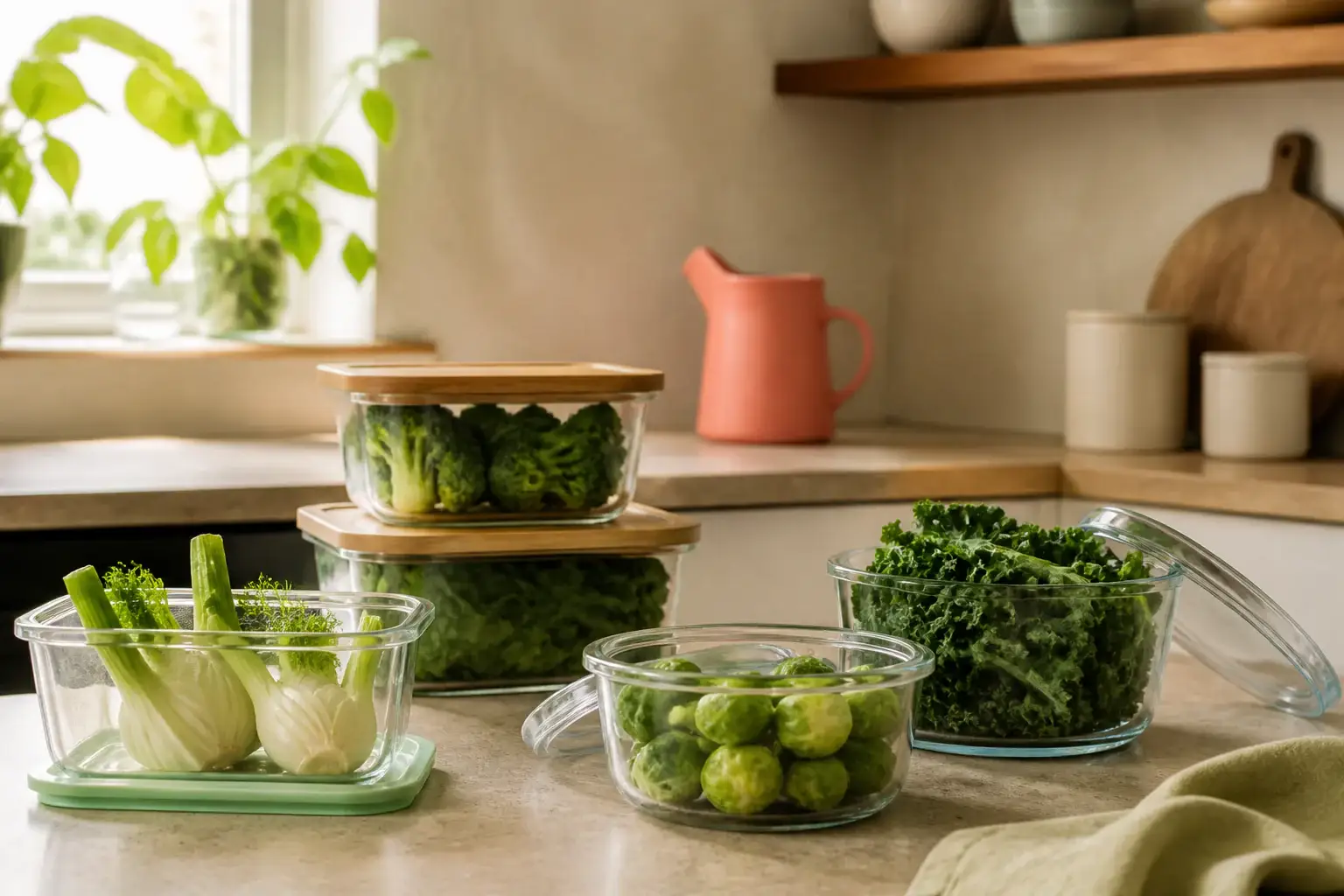 Qué recipiente para conservar verduras comprar representada con utensilios genéricos en una cocina doméstica