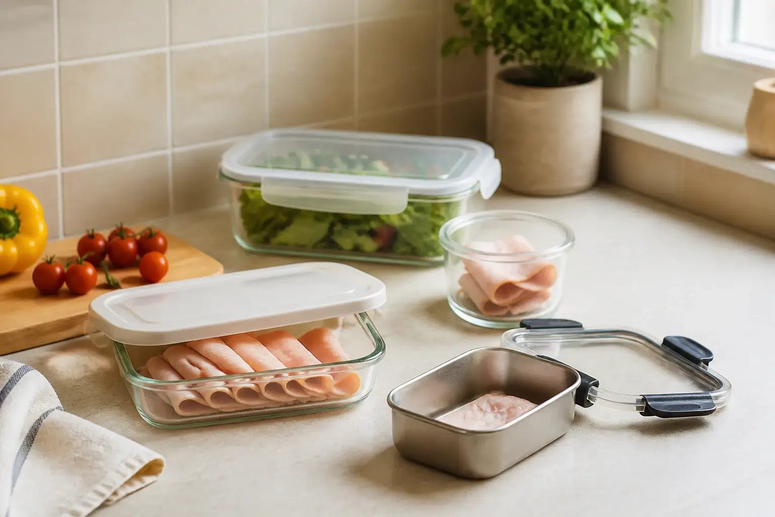 Qué recipiente para fiambre comprar representada con utensilios genéricos en una cocina doméstica