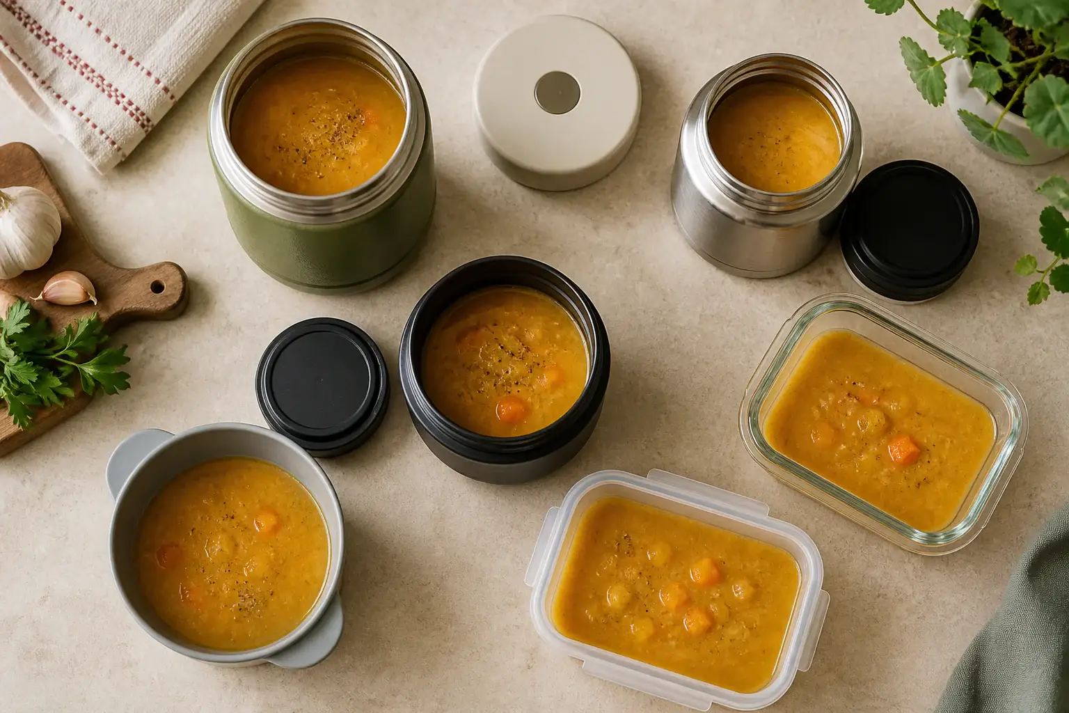 Qué recipiente para transportar sopa comprar representada con utensilios genéricos en una cocina doméstica
