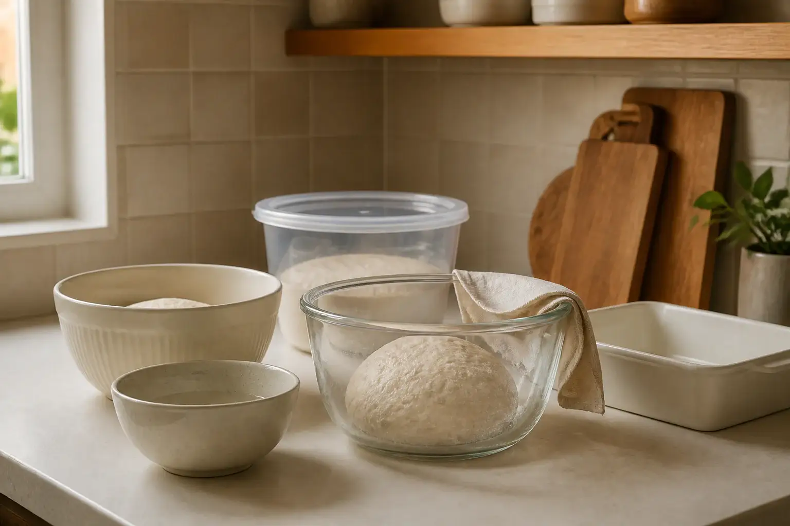 Qué recipiente usar para fermentar masa representada con utensilios genéricos en una cocina doméstica