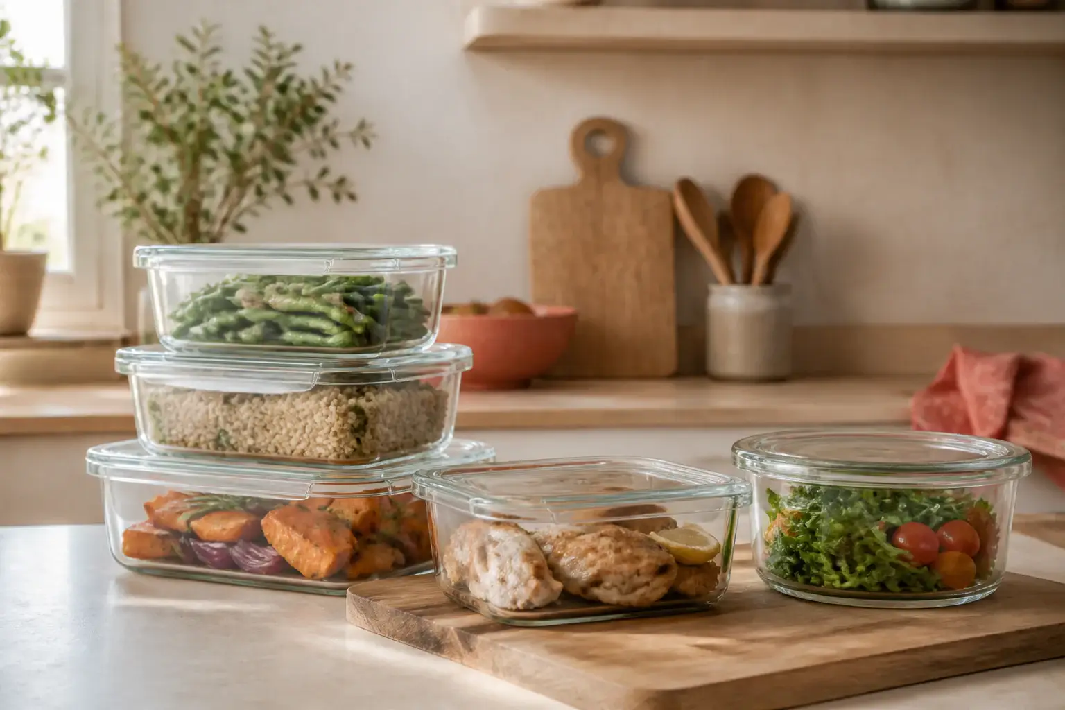 Qué recipientes de vidrio comprar para batch cooking representada con utensilios genéricos en una cocina doméstica