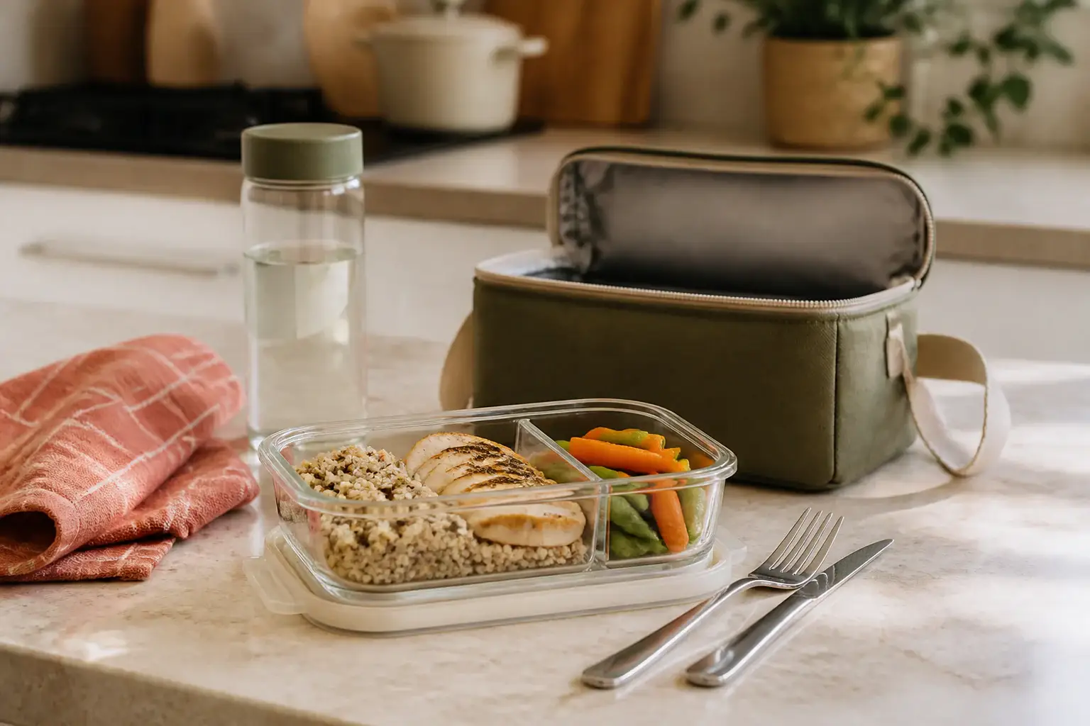 Recipiente genérico con comida preparada y cubiertos dentro de una bolsa abierta