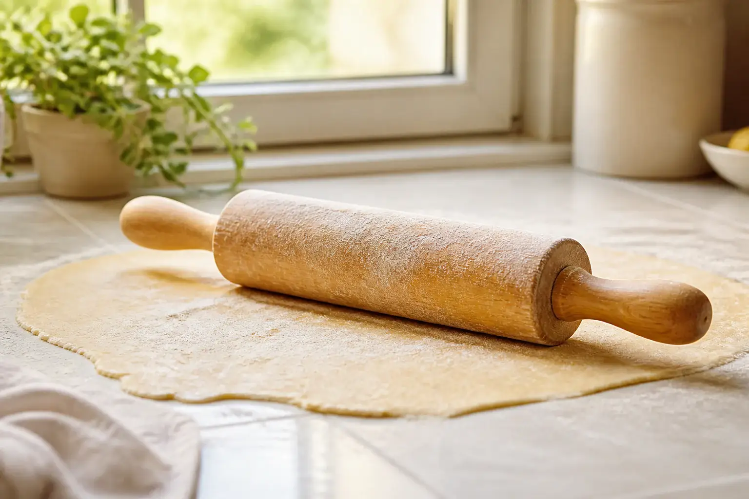 Rodillo de cocina genérico sobre masa extendida con harina