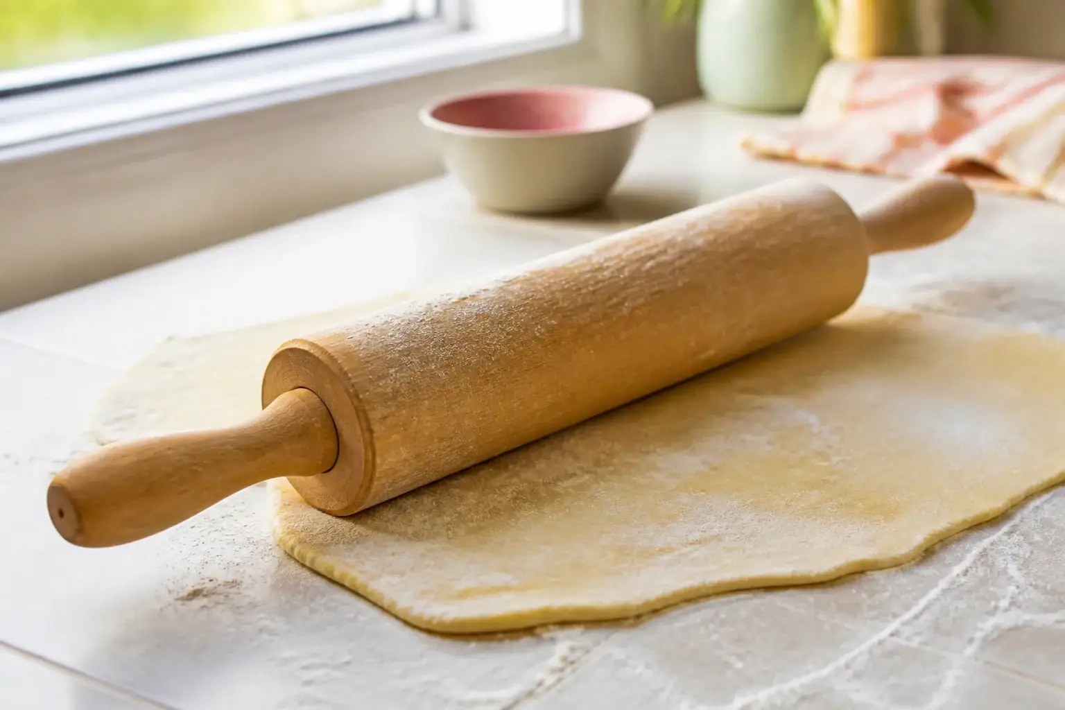 Rodillo de cocina genérico sobre masa extendida con harina