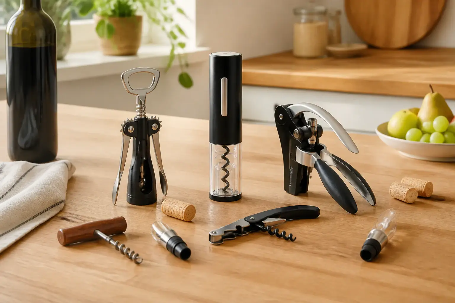 Qué sacacorchos comprar representada con utensilios genéricos en una cocina doméstica