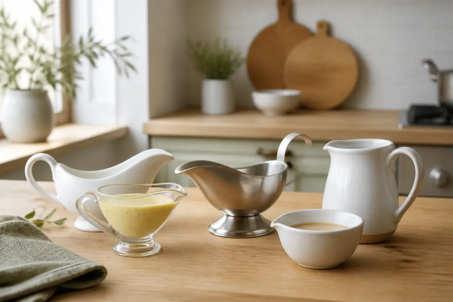 Qué salsera comprar representada con utensilios genéricos en una cocina doméstica
