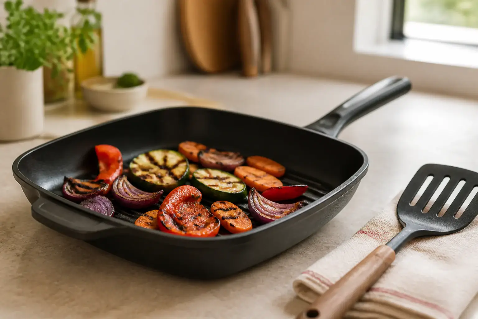 Sartén genérica de uso diario con verduras y una espátula cercana