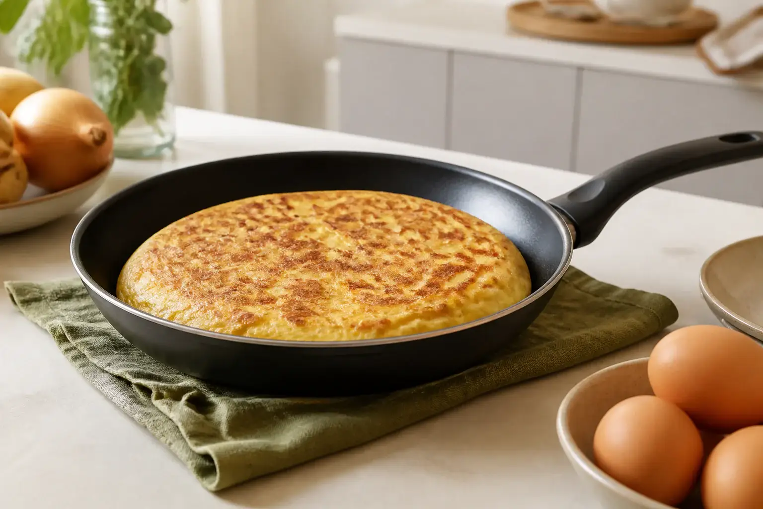 Sartén genérica con una tortilla dorada lista para servir