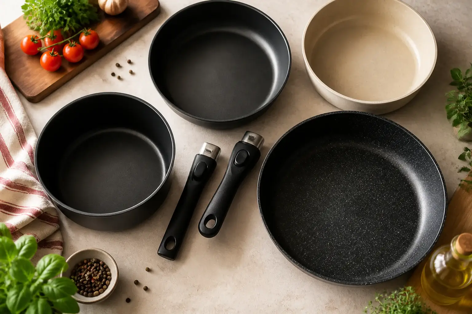 Qué sartenes con mango extraíble comprar representada con utensilios genéricos en una cocina doméstica