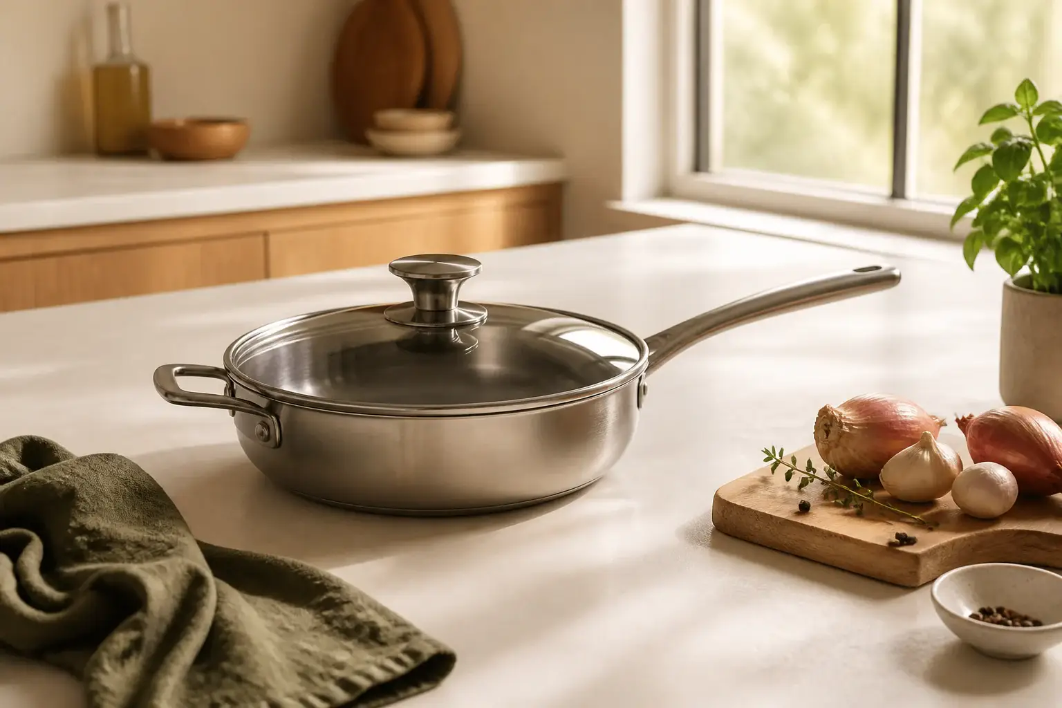 Qué sauté comprar para cocina doméstica representada con utensilios genéricos en una cocina doméstica