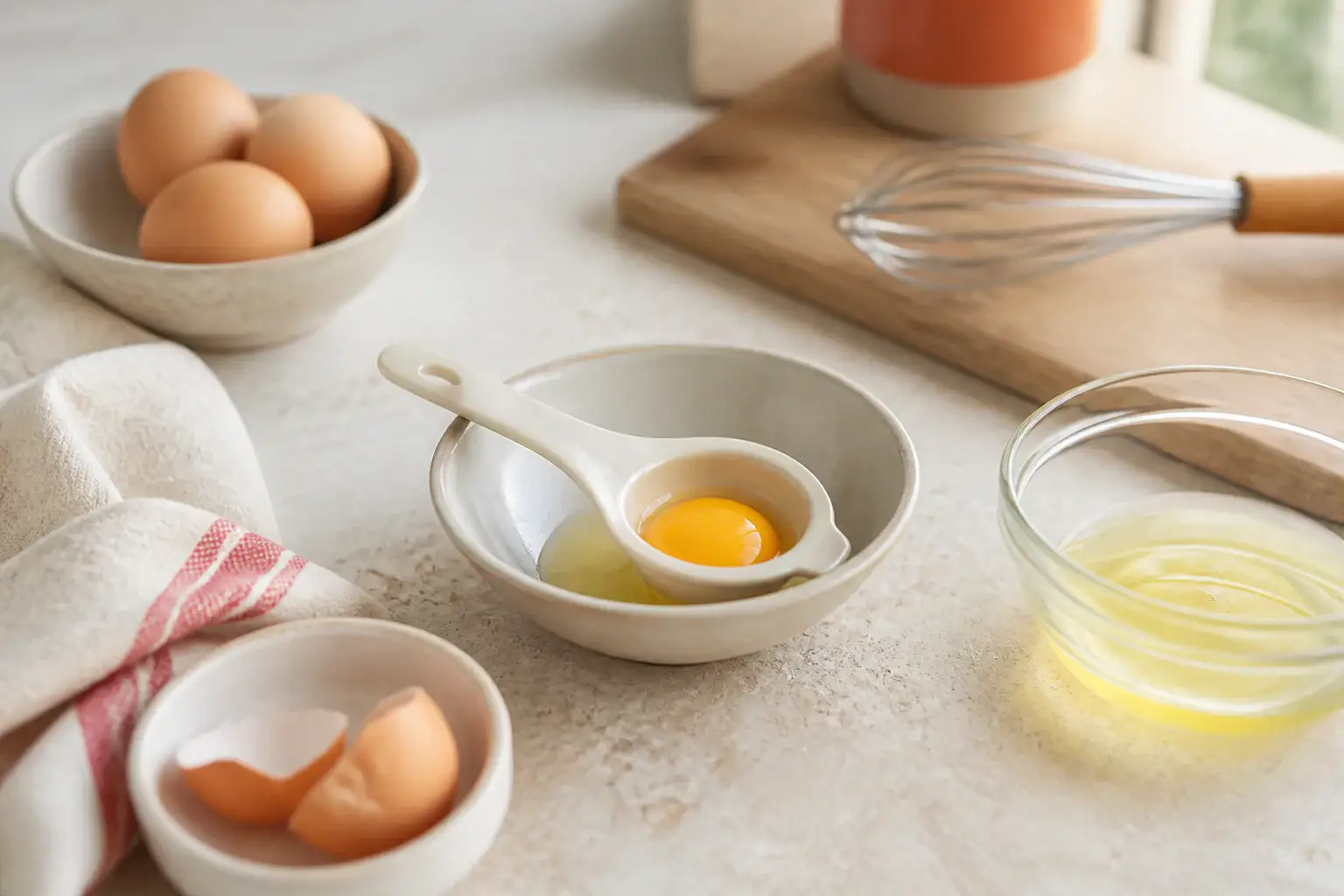 Qué separador de huevos comprar representada con utensilios genéricos en una cocina doméstica