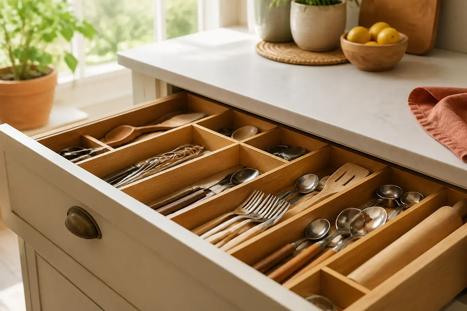Qué separadores de cajones comprar representada con utensilios genéricos en una cocina doméstica