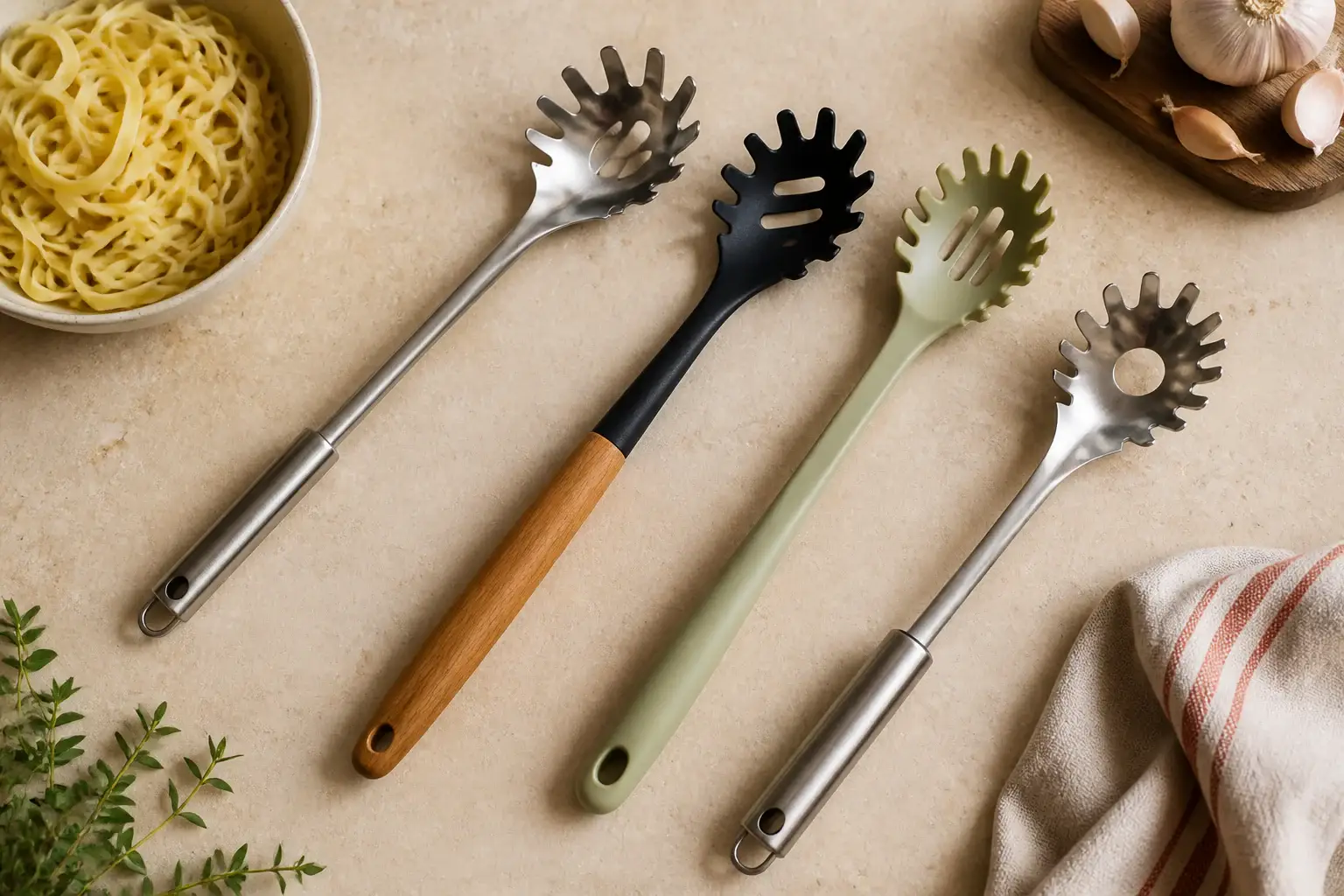 Qué servidor de pasta comprar representada con utensilios genéricos en una cocina doméstica