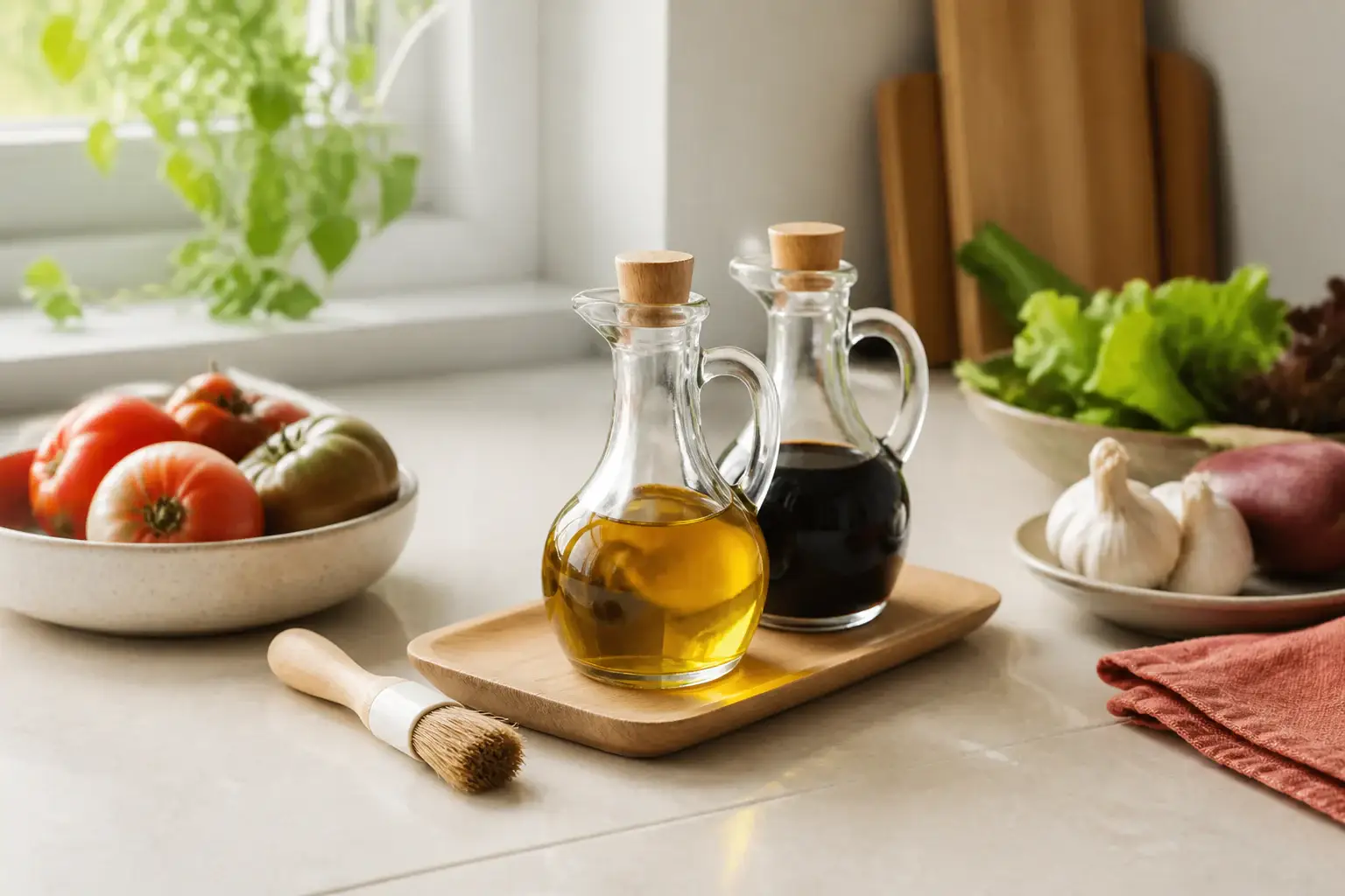 Aceitera y pequeño pincel de cocina genéricos junto a verduras