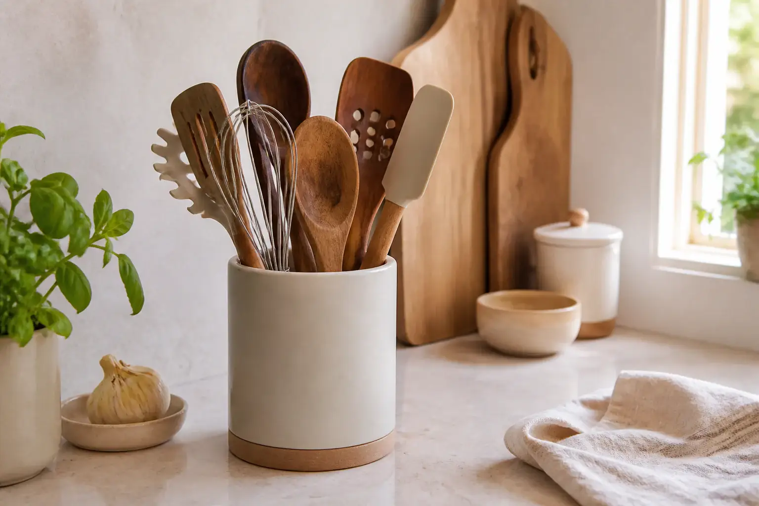 Utensilios de cocina genéricos ordenados en un soporte sobre la encimera