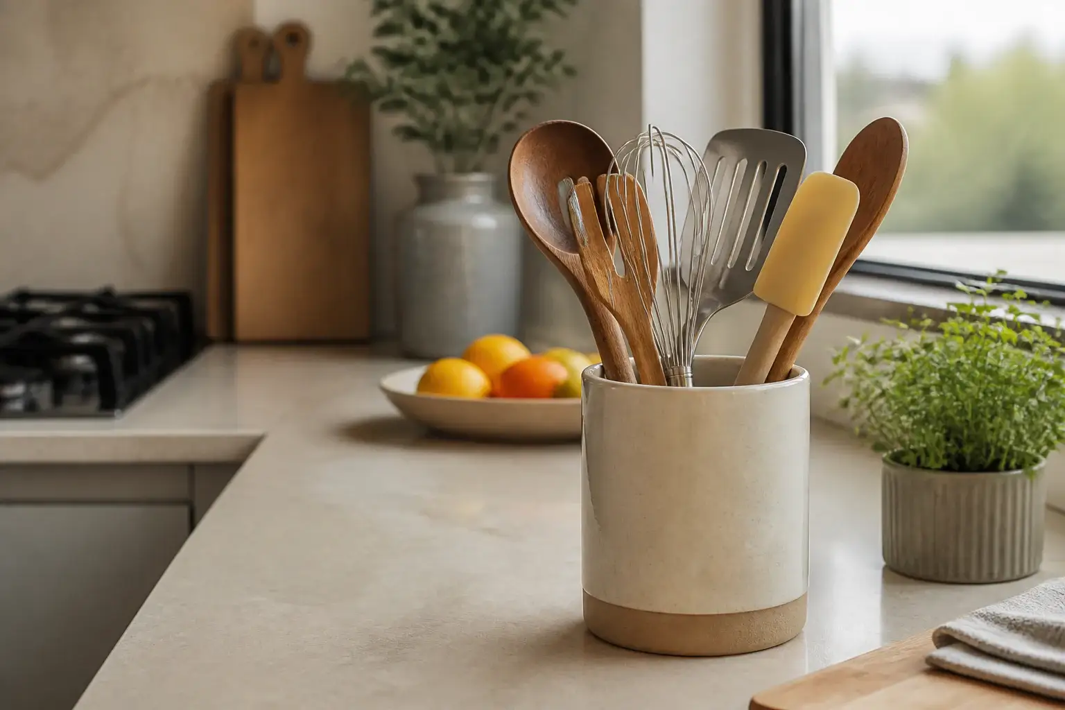 Utensilios de cocina genéricos ordenados en un soporte sobre la encimera