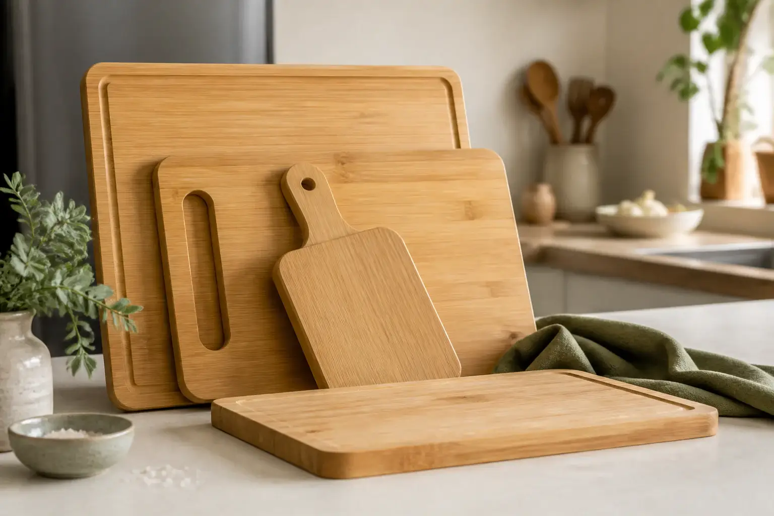 Varias tablas de cortar genéricas de tamaños distintos apoyadas en una cocina
