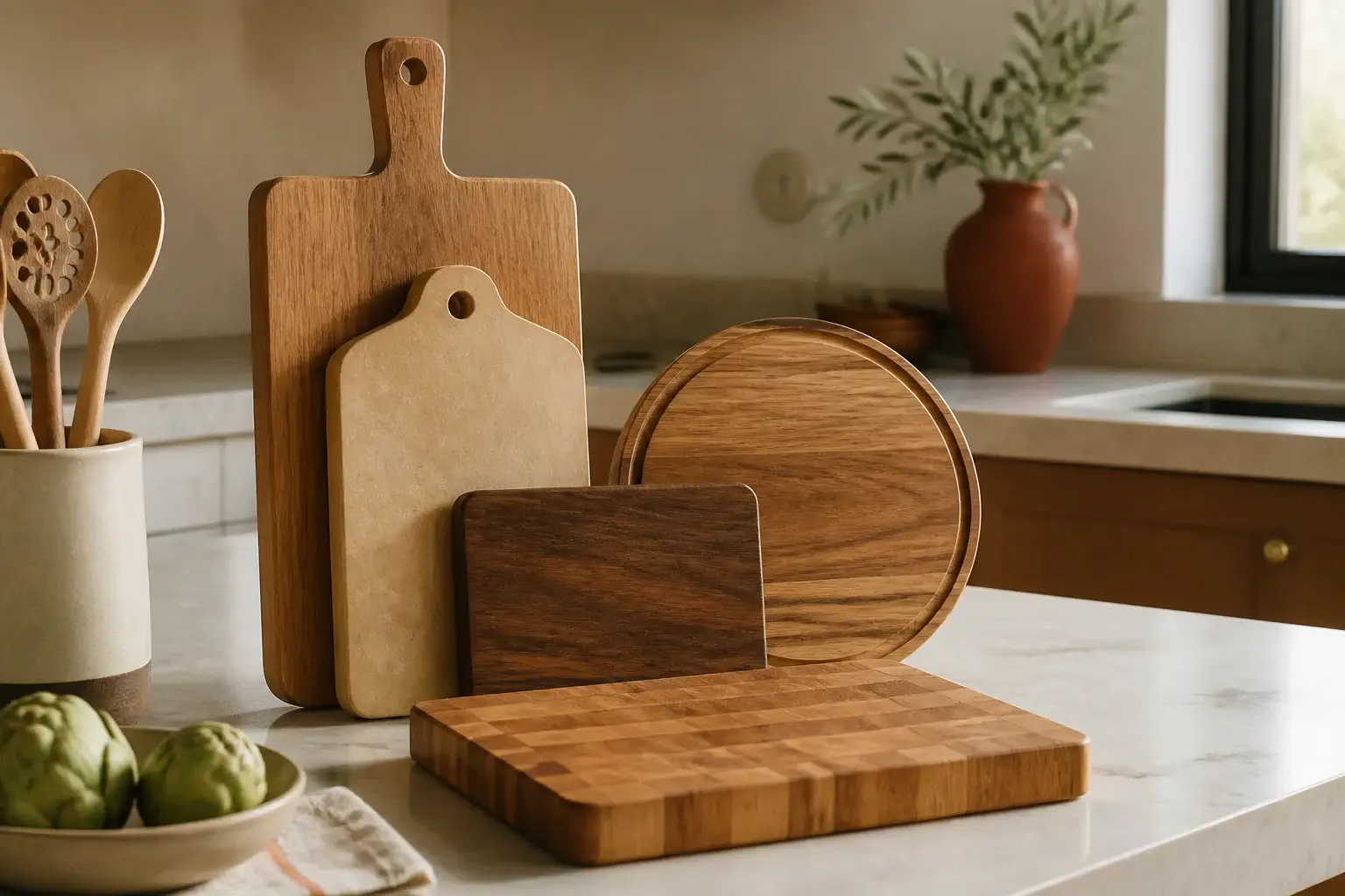 Varias tablas de cortar genéricas de tamaños distintos apoyadas en una cocina