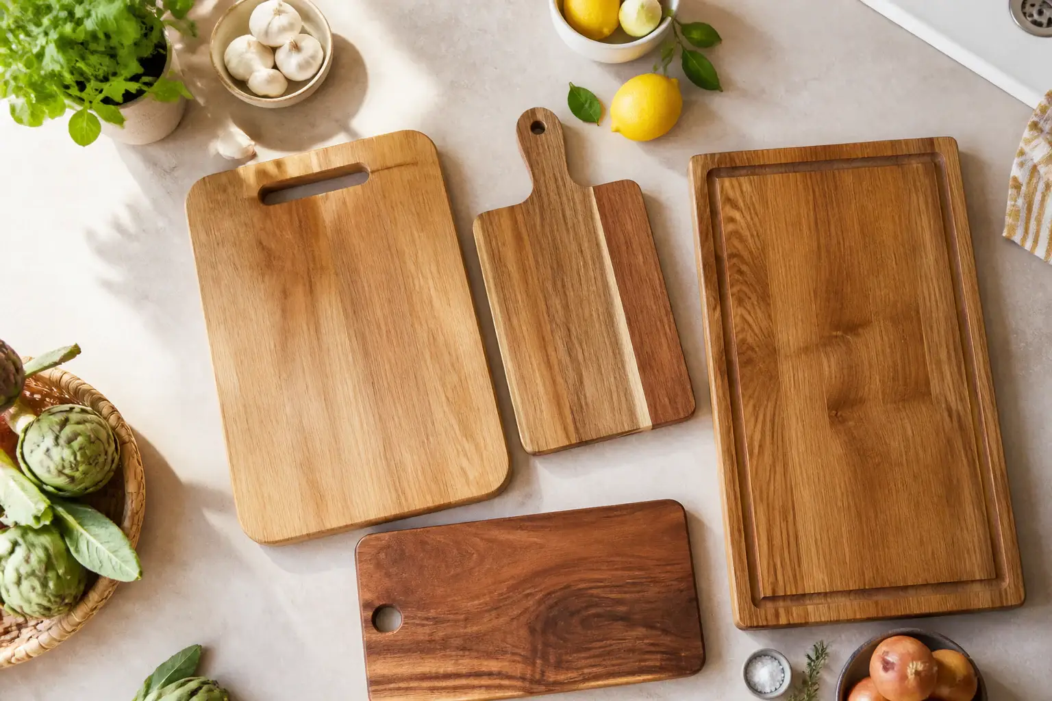 Varias tablas de cortar genéricas de tamaños distintos apoyadas en una cocina