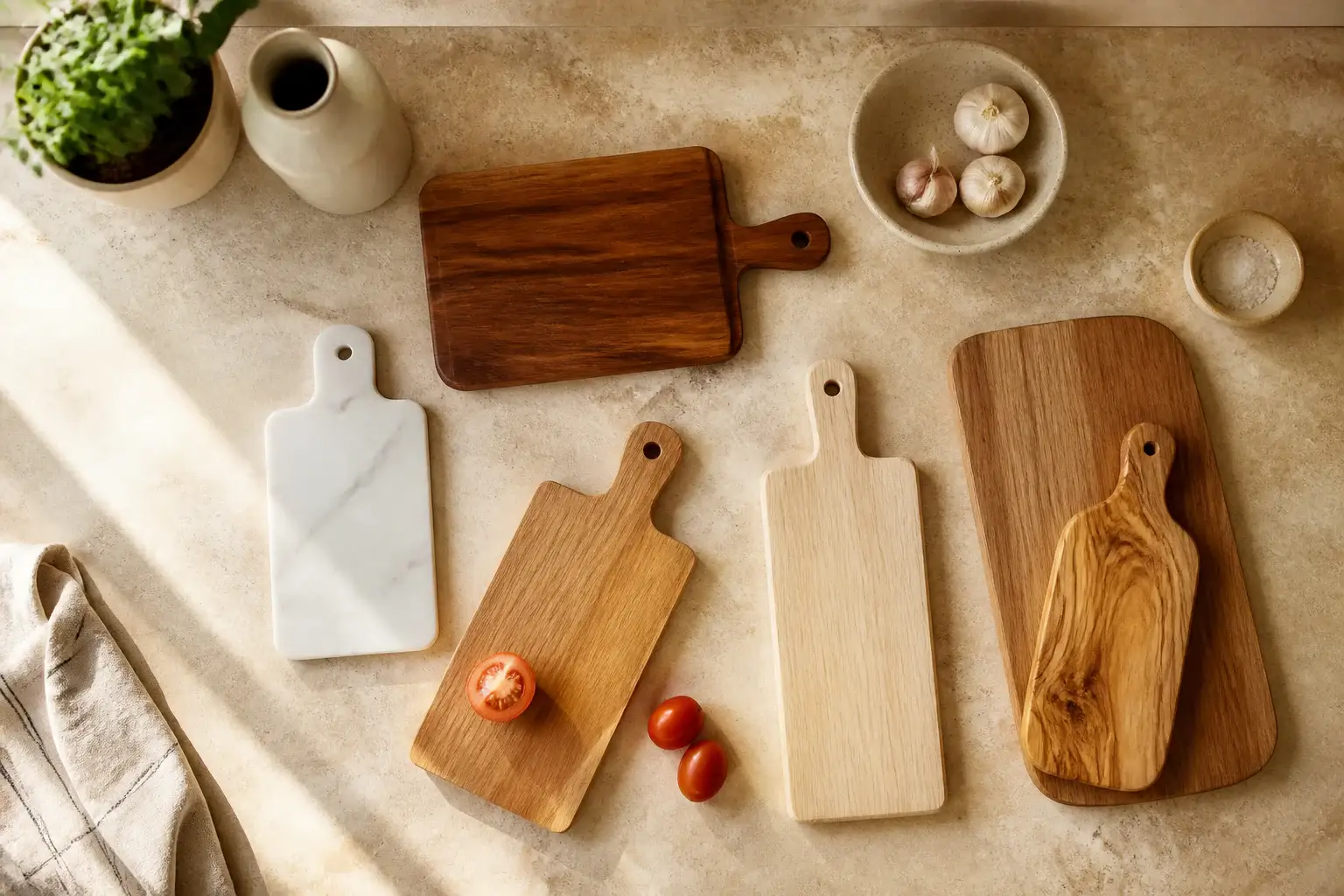 Varias tablas de cortar genéricas de tamaños distintos apoyadas en una cocina