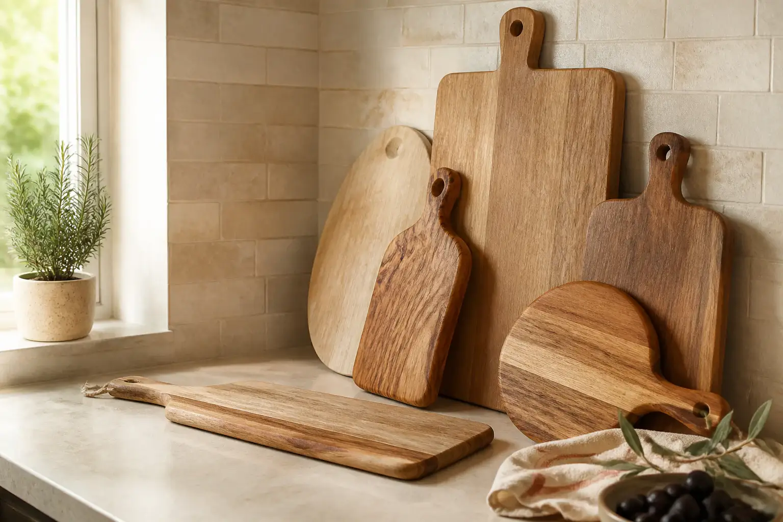 Varias tablas de cortar genéricas de tamaños distintos apoyadas en una cocina