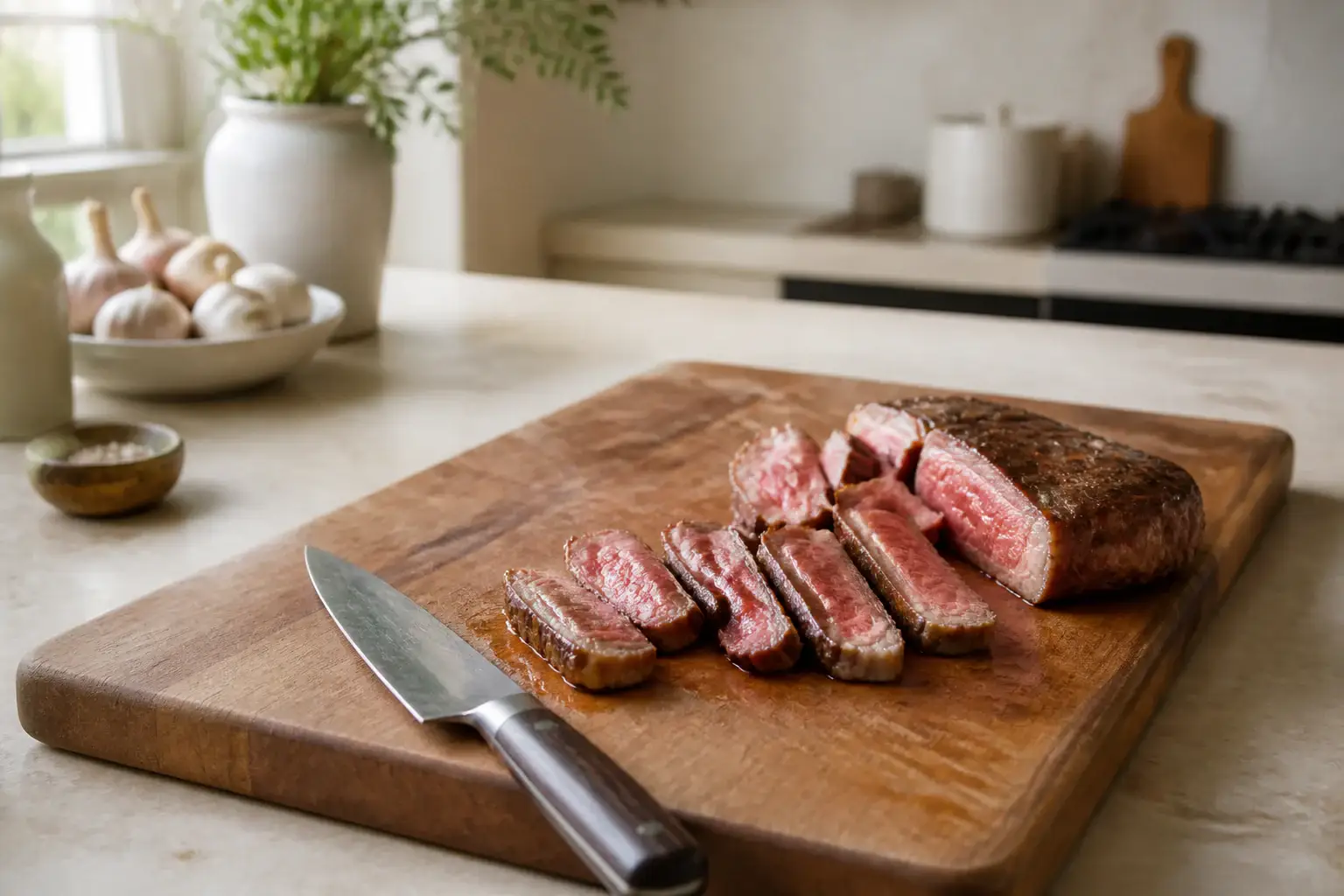 Tabla de cortar amplia con una pieza de carne cocinada y un cuchillo genérico