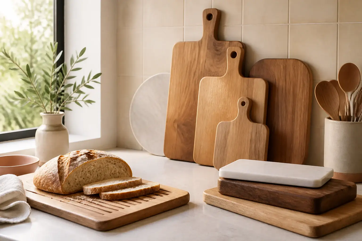 Varias tablas de cortar genéricas de tamaños distintos apoyadas en una cocina