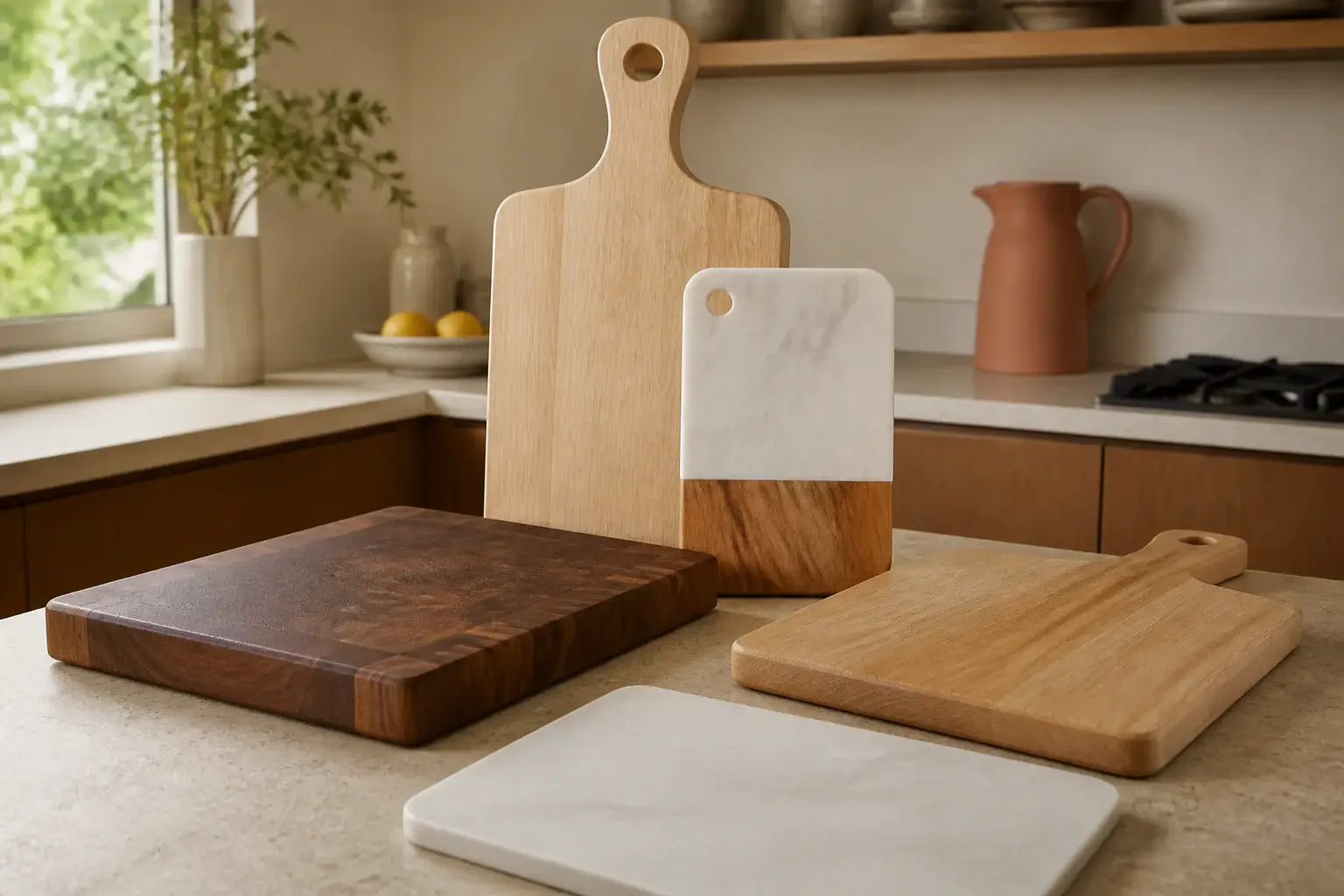 Varias tablas de cortar genéricas de tamaños distintos apoyadas en una cocina