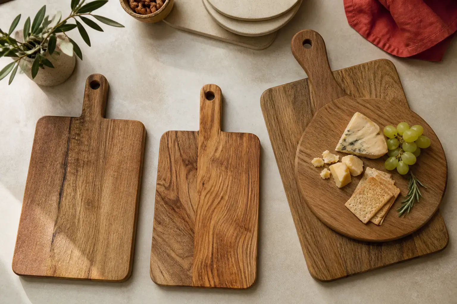 Varias tablas de cortar genéricas de tamaños distintos apoyadas en una cocina