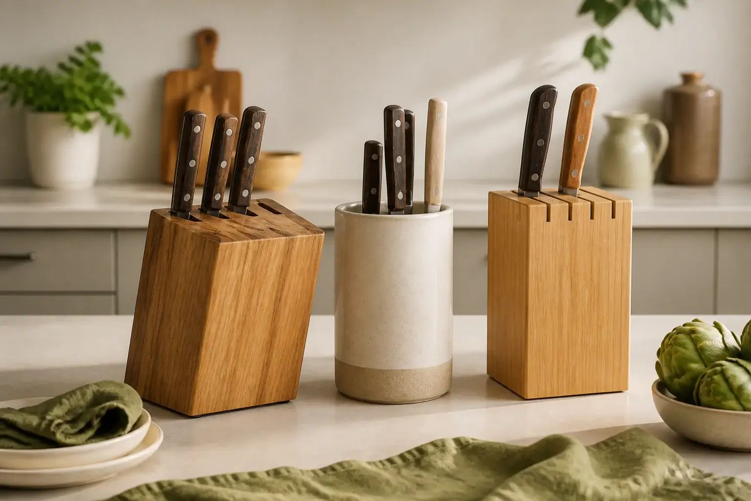 Qué taco para cuchillos comprar representada con utensilios genéricos en una cocina doméstica
