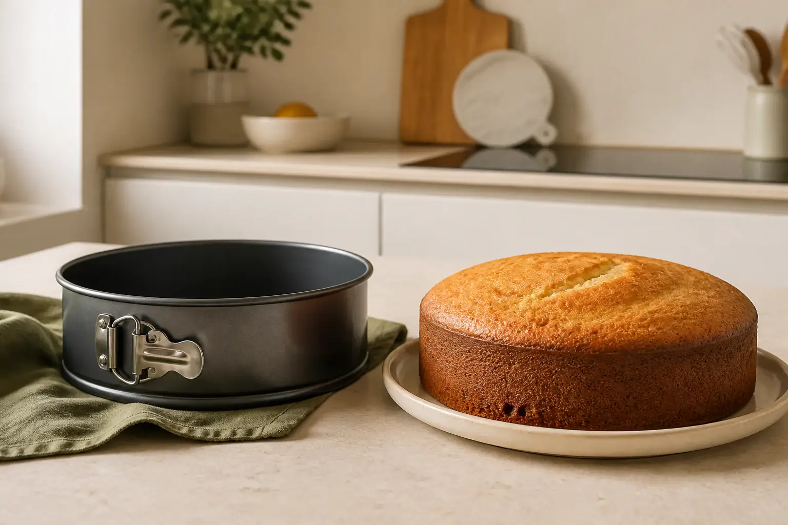 Molde de repostería genérico junto a un bizcocho casero recién desmoldado