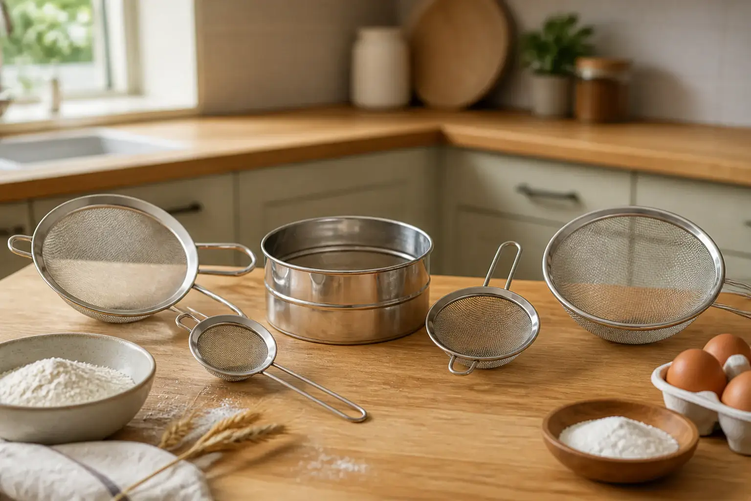 Qué tamiz de cocina comprar representada con utensilios genéricos en una cocina doméstica