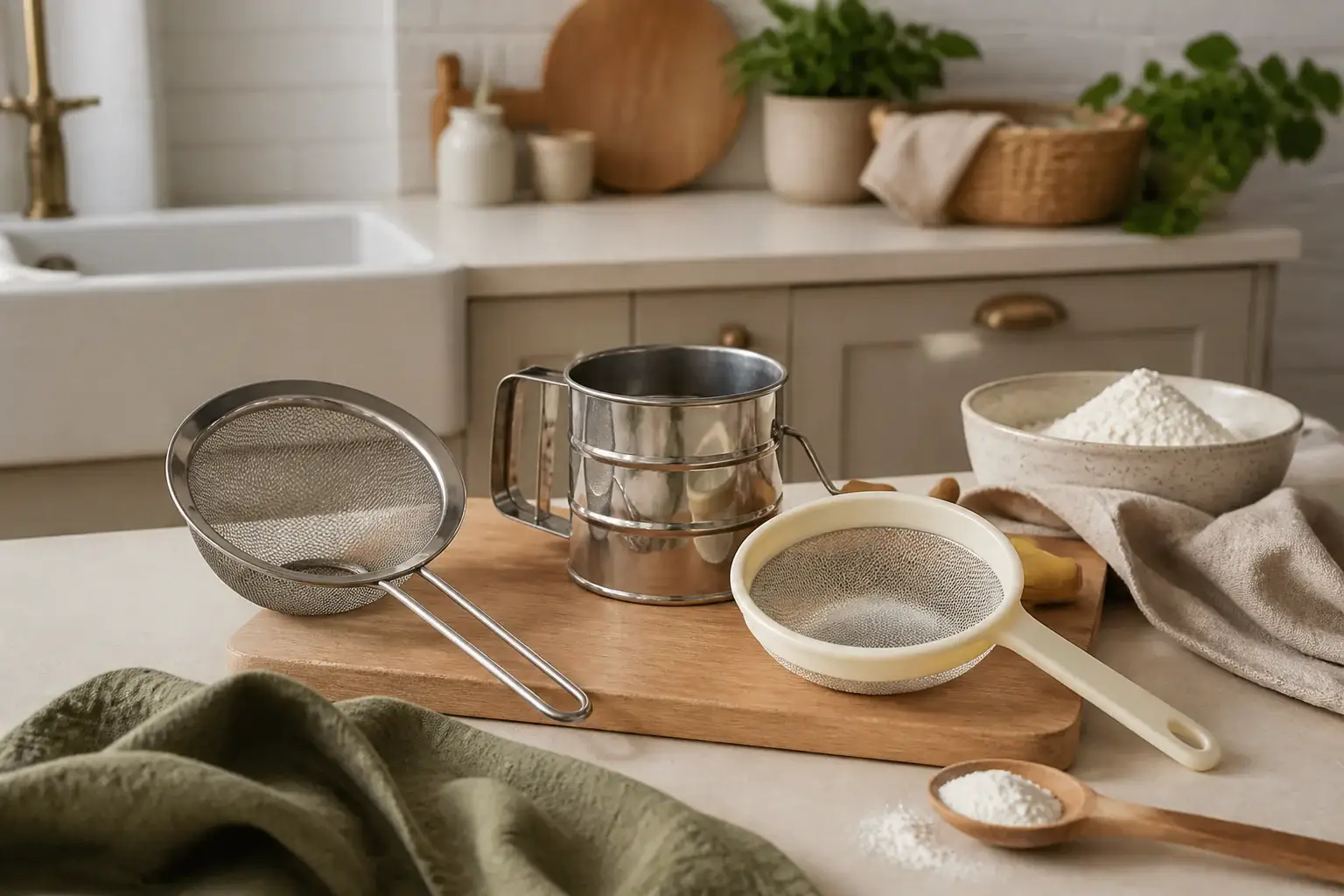 Qué tamizador de harina comprar representada con utensilios genéricos en una cocina doméstica