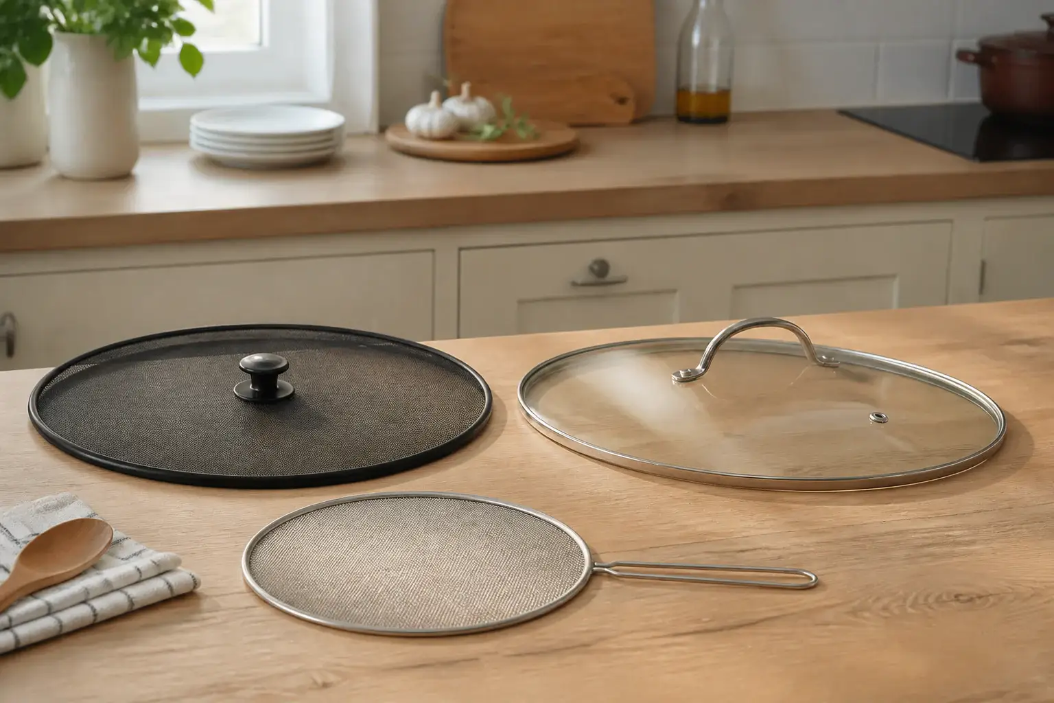 Qué tapa antisalpicaduras comprar representada con utensilios genéricos en una cocina doméstica