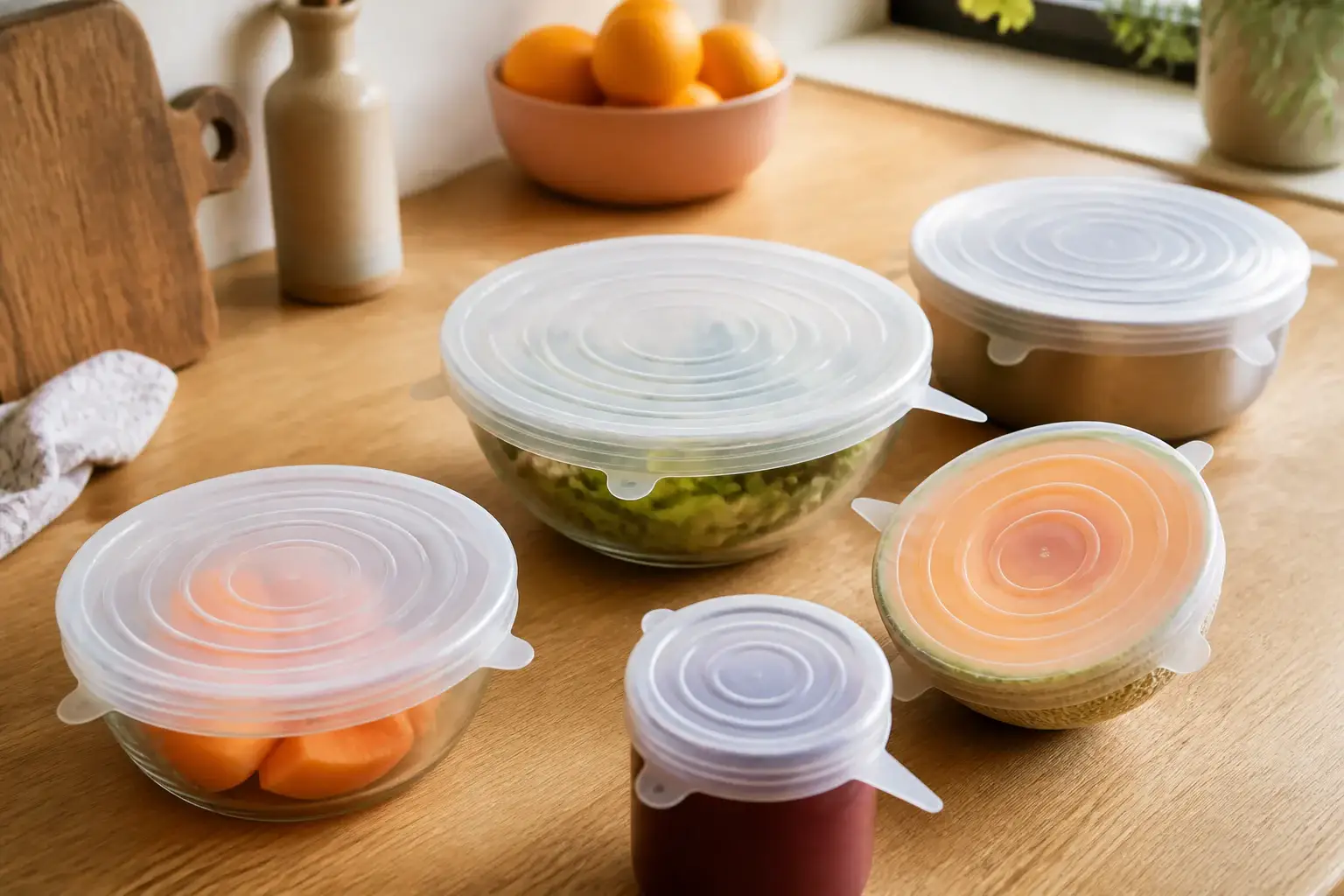 Qué tapas de silicona reutilizables comprar representada con utensilios genéricos en una cocina doméstica