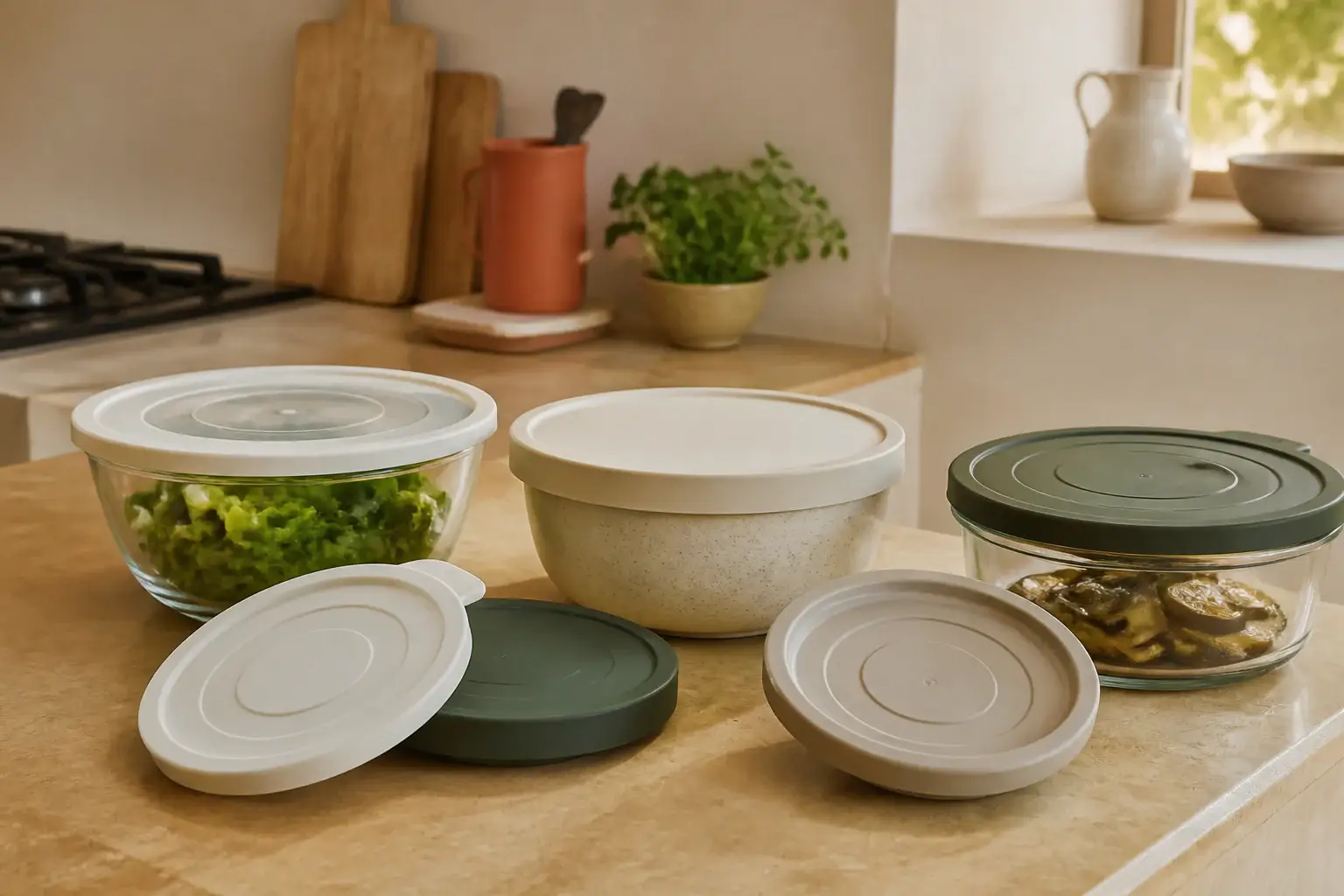 Qué tapas universales para recipientes comprar representada con utensilios genéricos en una cocina doméstica