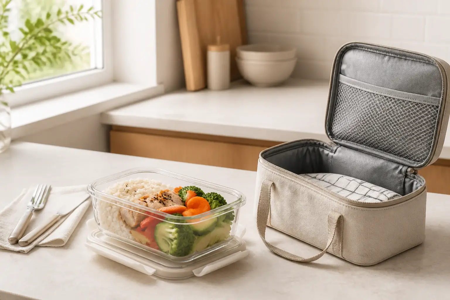 Recipiente genérico con comida preparada y cubiertos dentro de una bolsa abierta