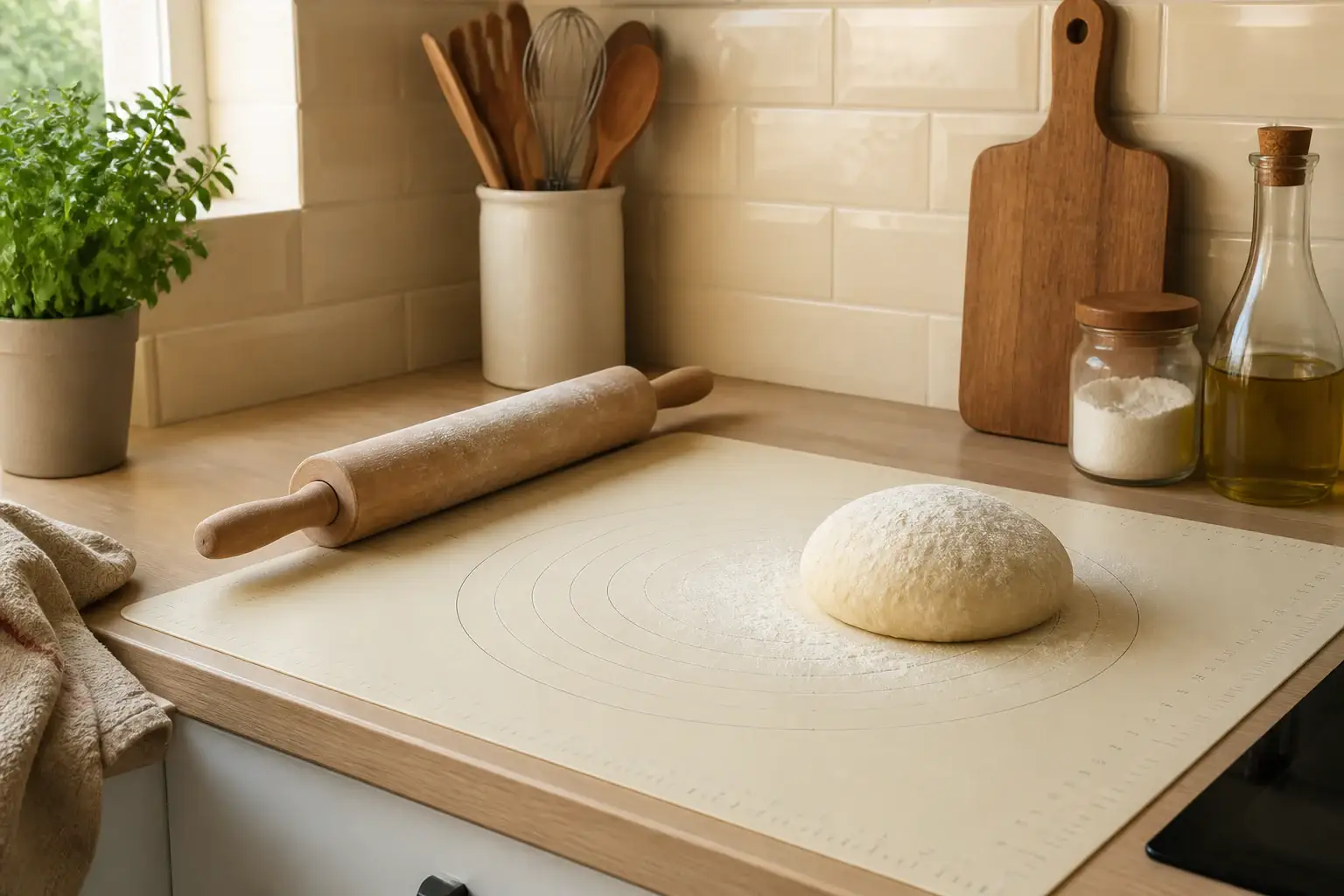 Qué tapete para amasar comprar representada con utensilios genéricos en una cocina doméstica