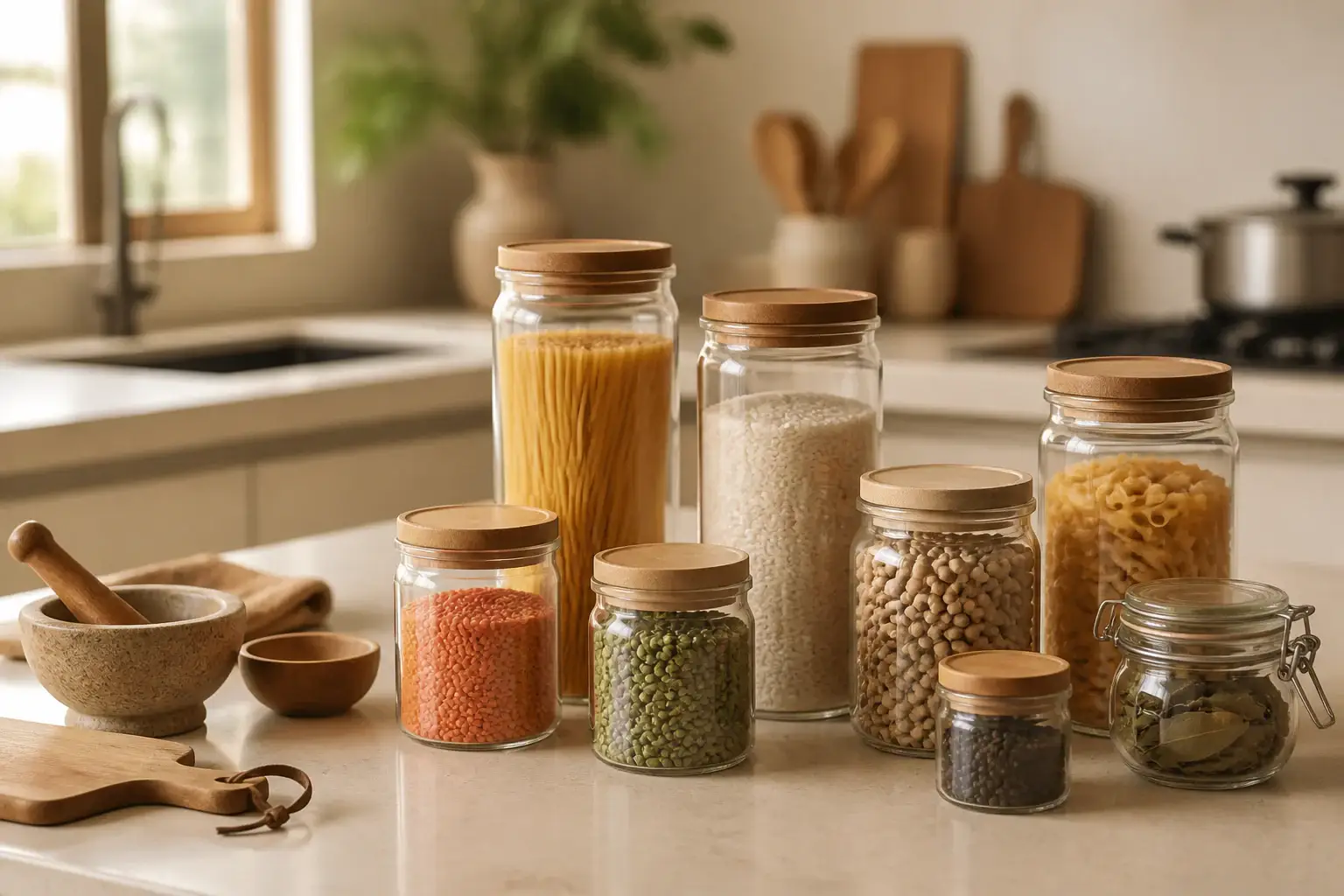 Tarros genéricos con pasta, arroz y legumbres organizados en una despensa
